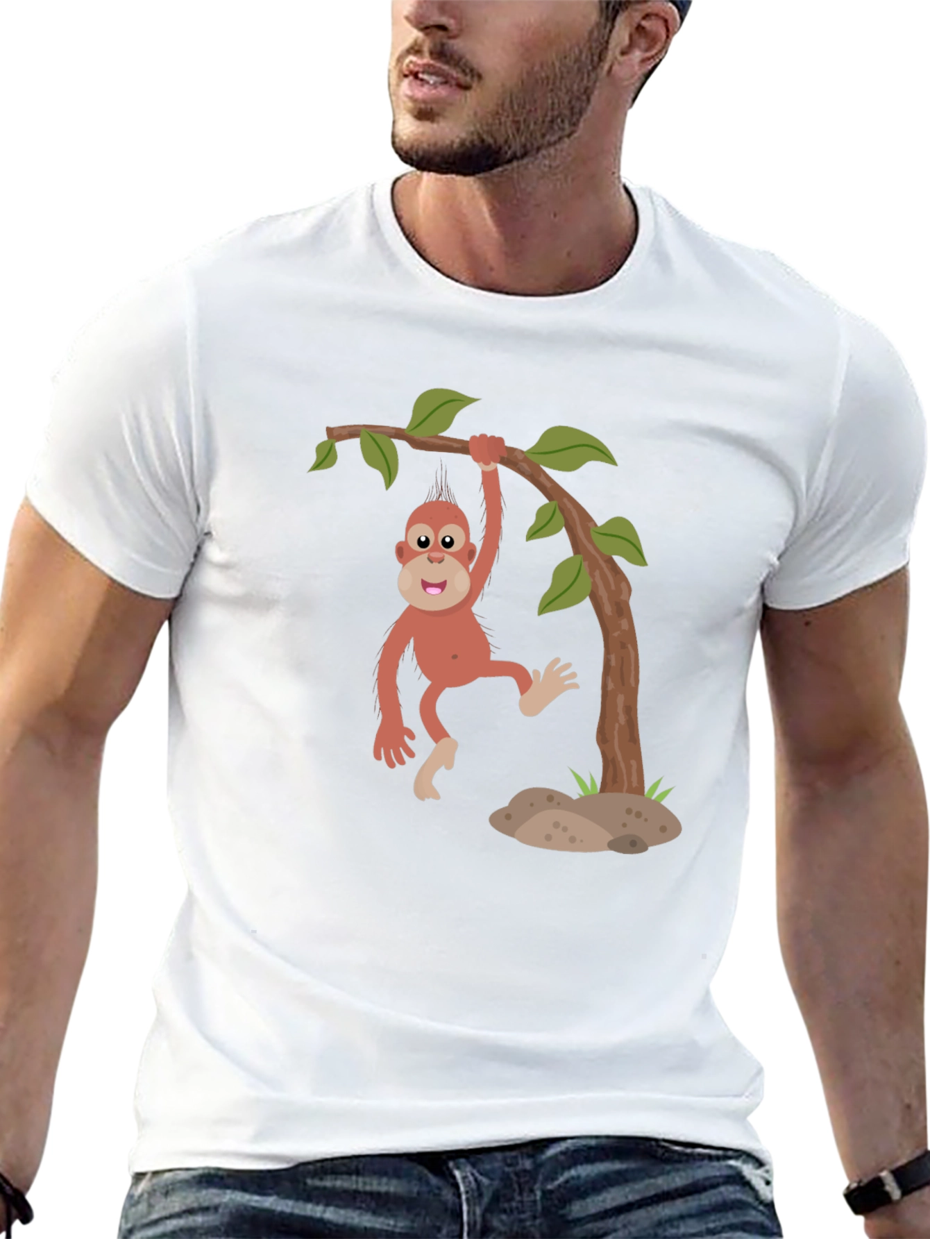 Cartoon Monkey Hanging from Tree Black T-Shirt - 13