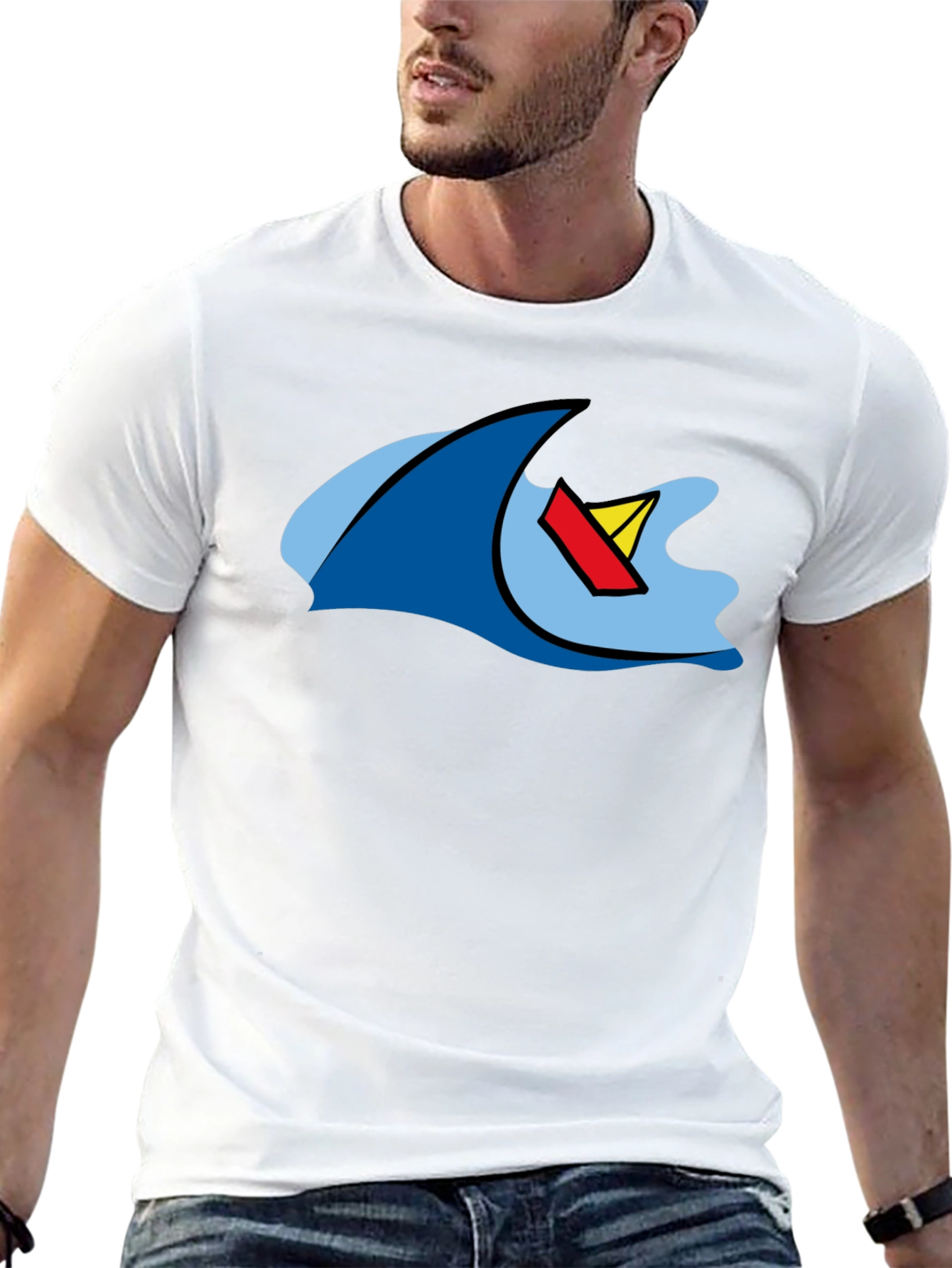 Black Cartoon Wave & Boat Black T-Shirt view 13