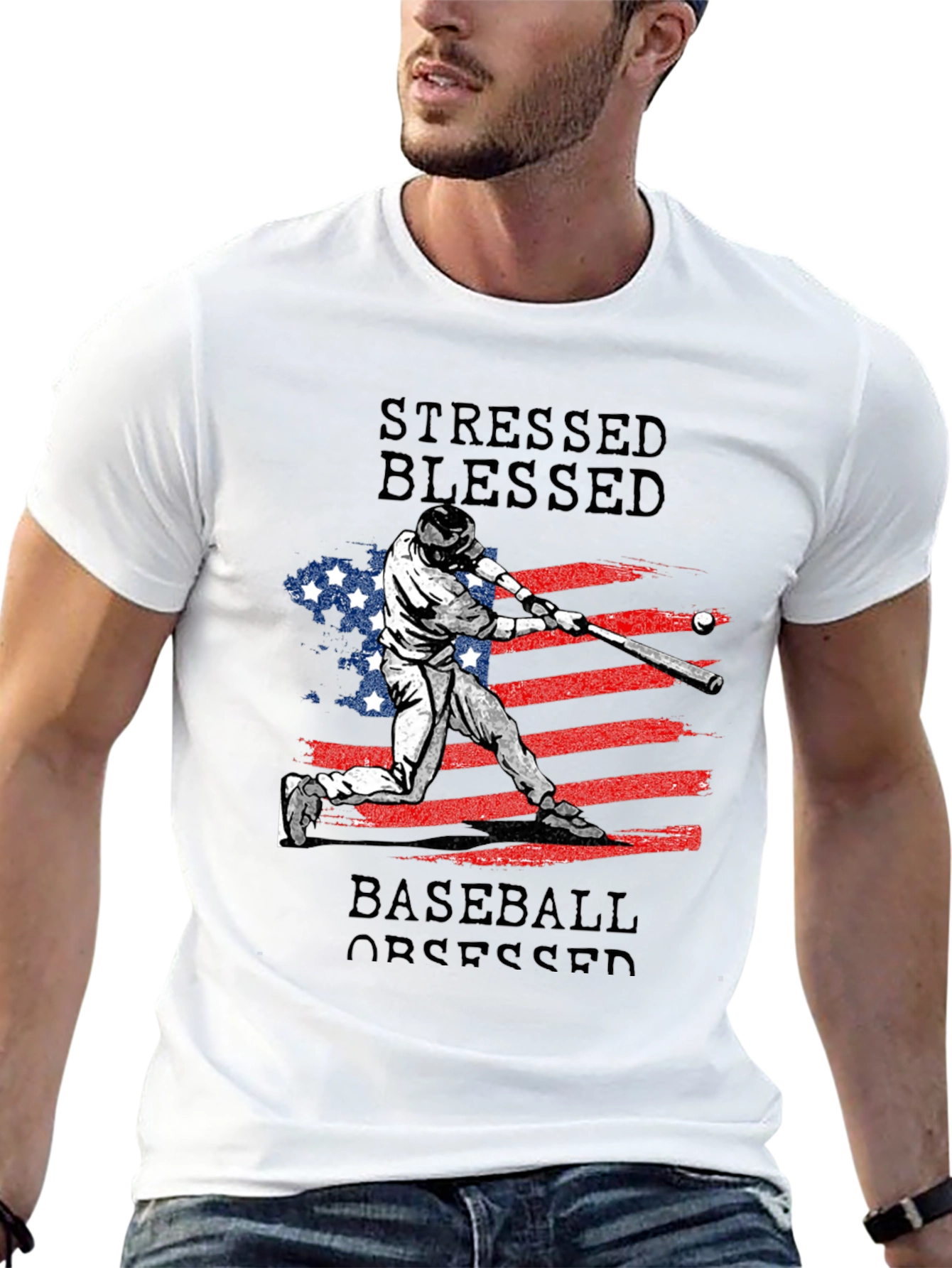 Black Stressed Blessed Baseball Obsessed T-Shirt view 13