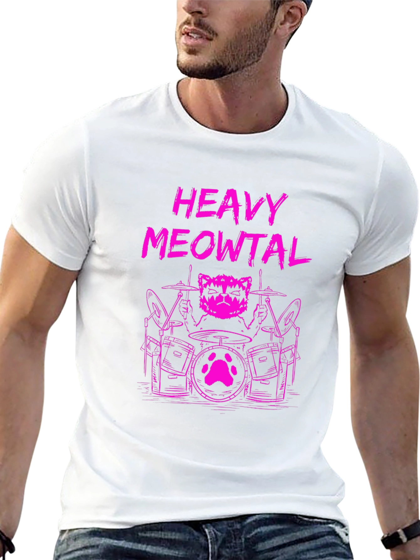 Black Heavy Meowtal Cat Drummer Graphic Tee view 13