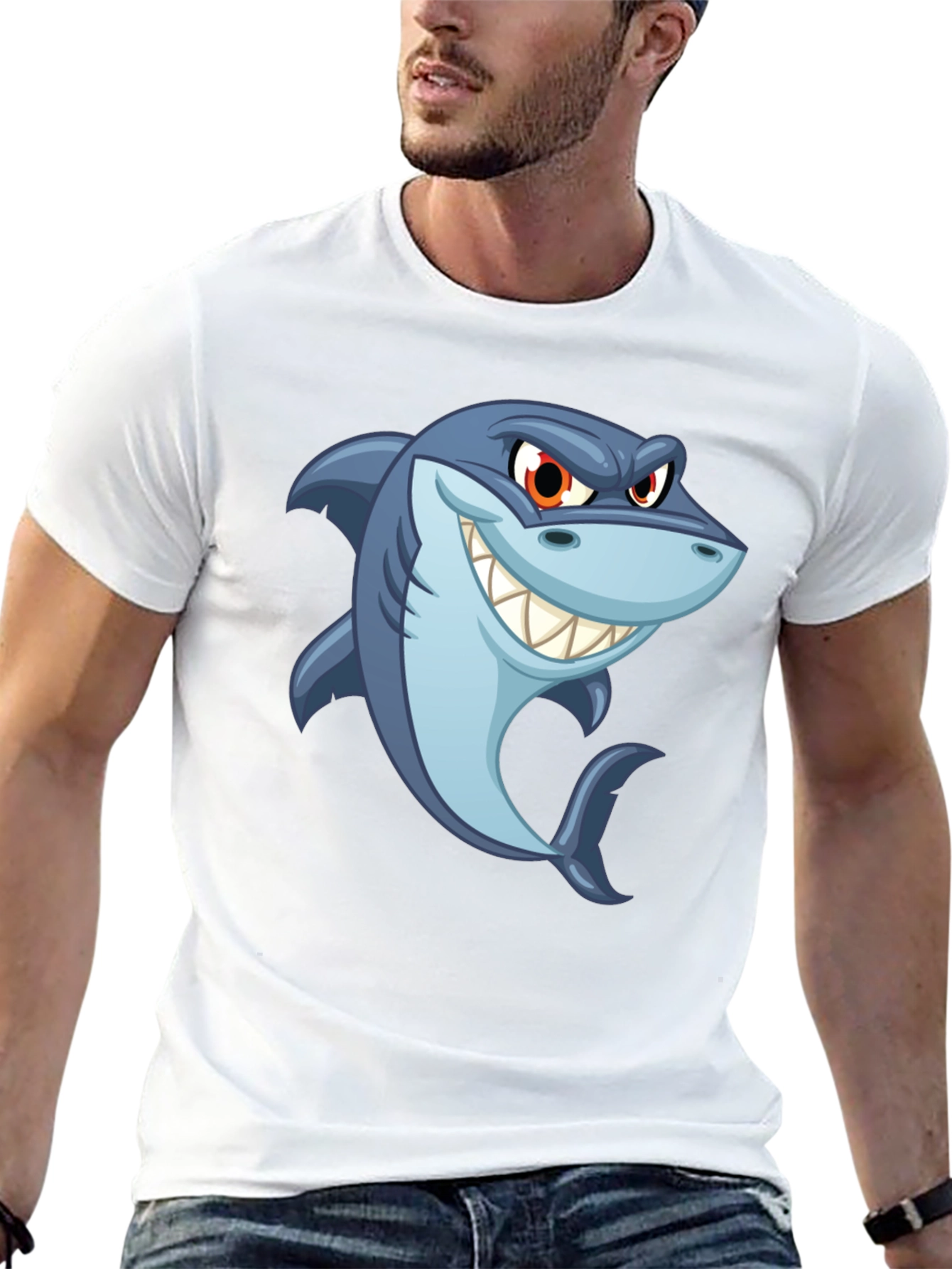Black Men's Black Shark Cartoon Graphic T-Shirt view 13