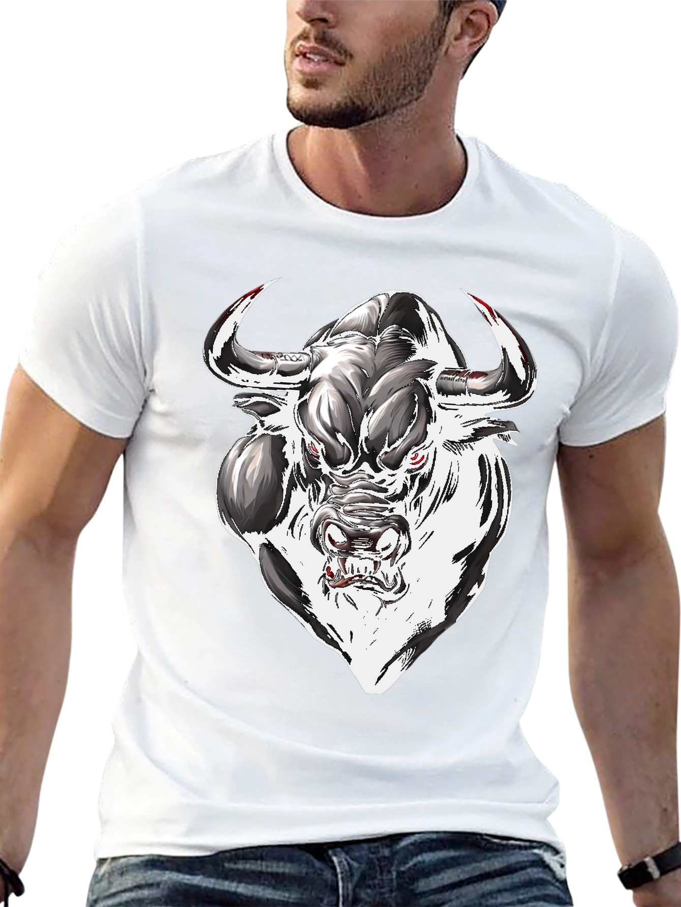 Black Men's Graphic Tee - Bull Design view 13