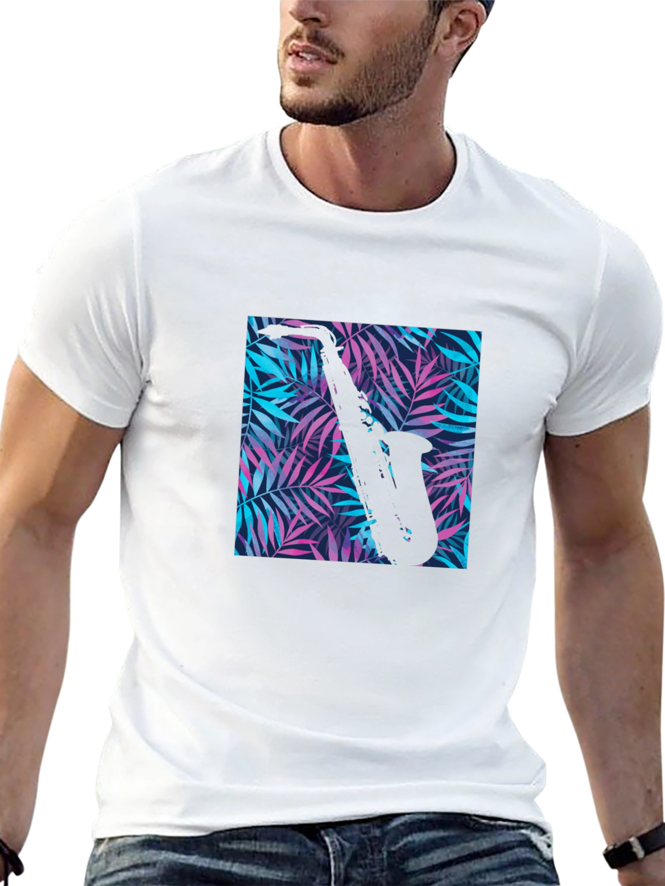 Black Tropical Saxophone Print Black T-Shirt view 13