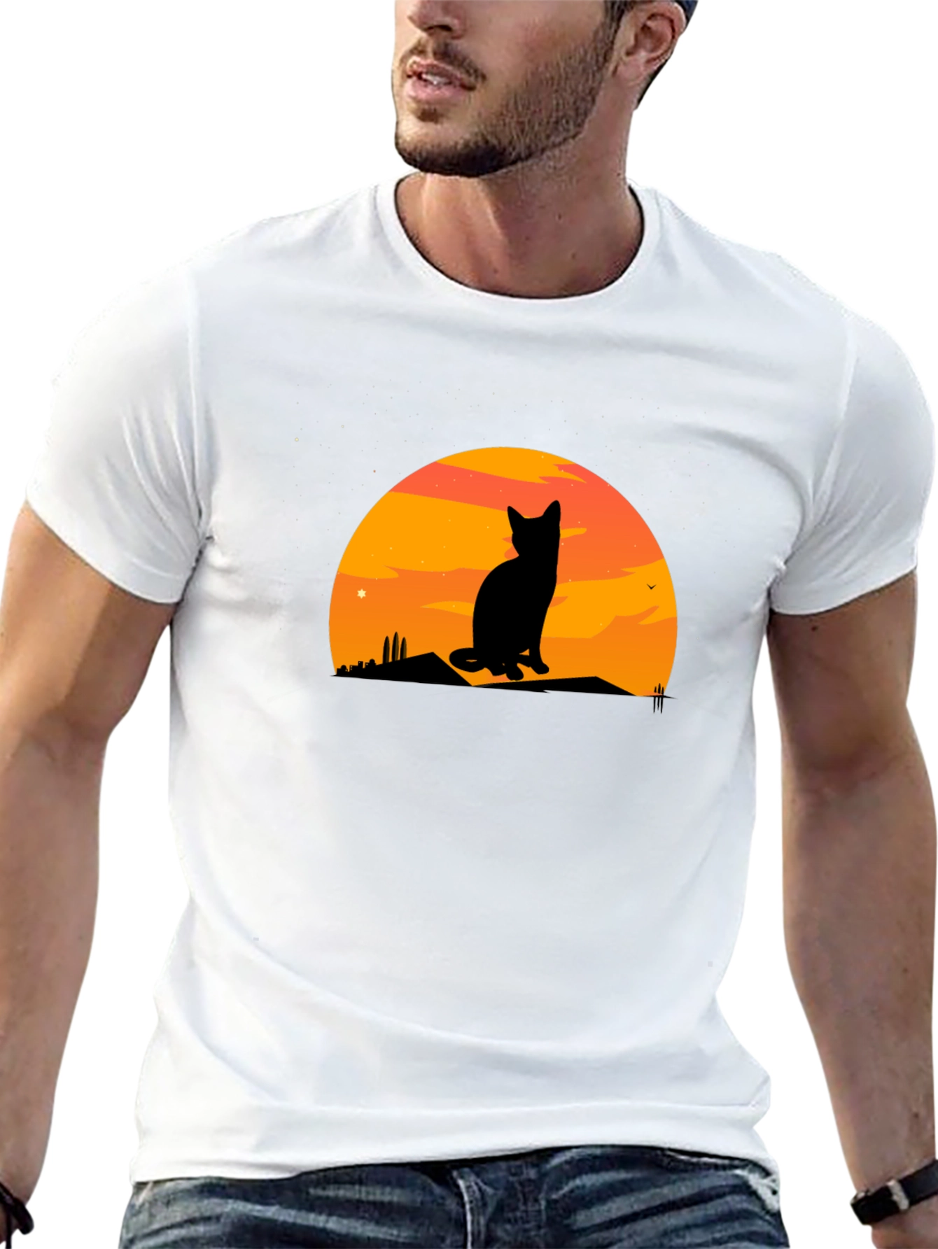 Black Sunset Cat Silhouette Graphic Tee view 13