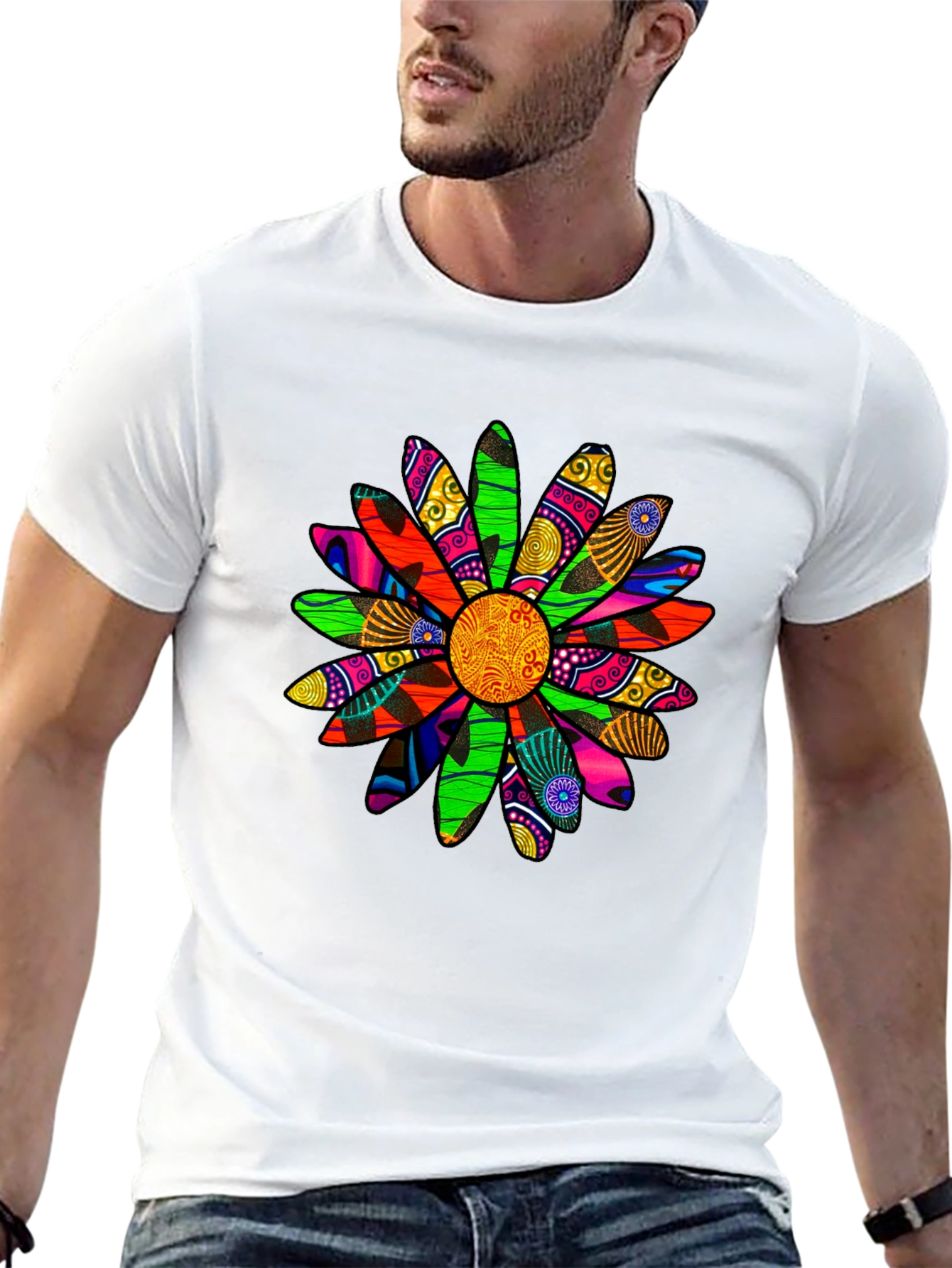 Black Vibrant Floral Graphic Tee - Unique Print Black T-Shirt view 13