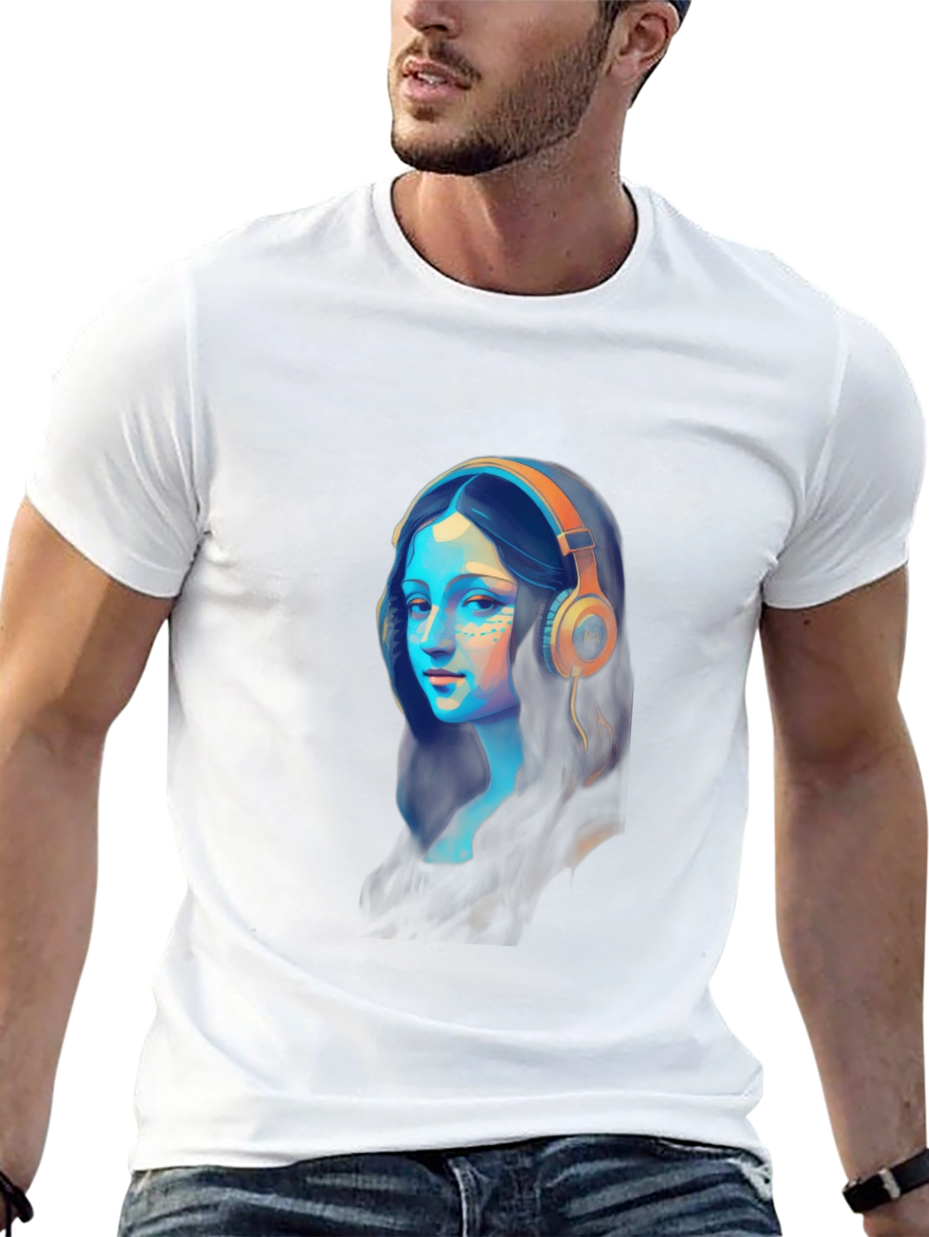 Black Mona Lisa Headphones Graphic Black T-Shirt view 13