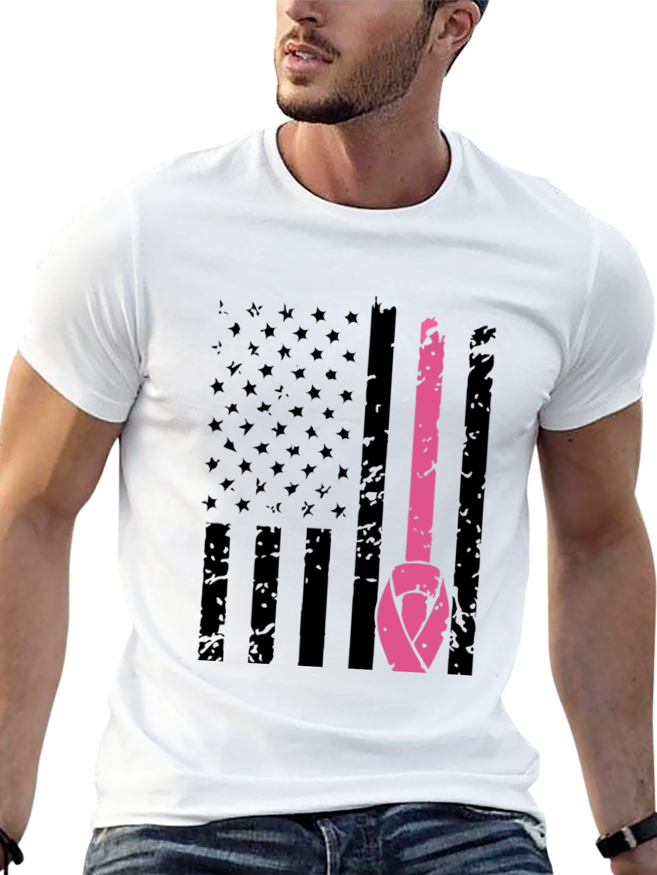 Black Breast Cancer Awareness US Flag T-Shirt view 13