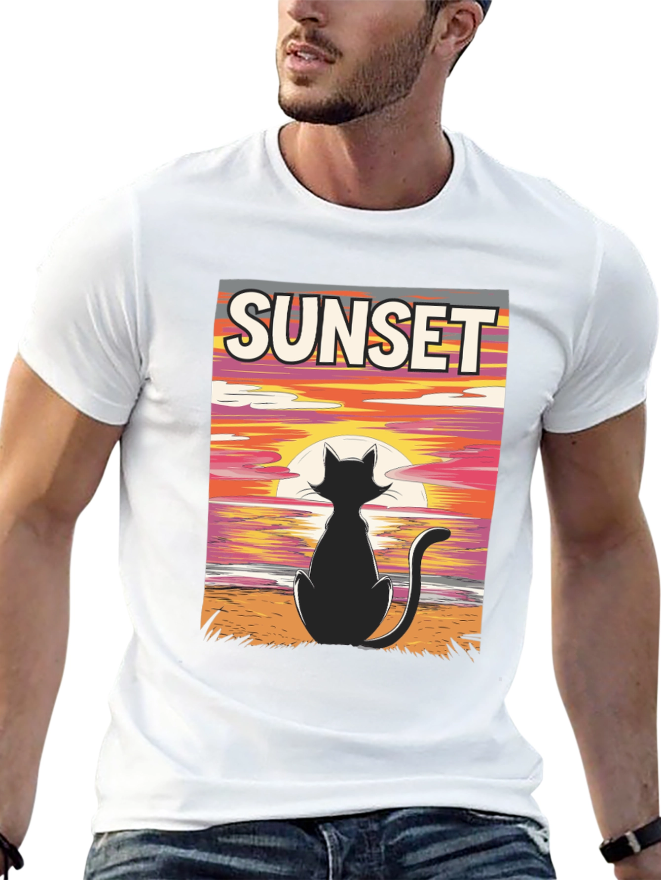 Black Sunset Cat Graphic Tee - Stylish Black T-Shirt view 13