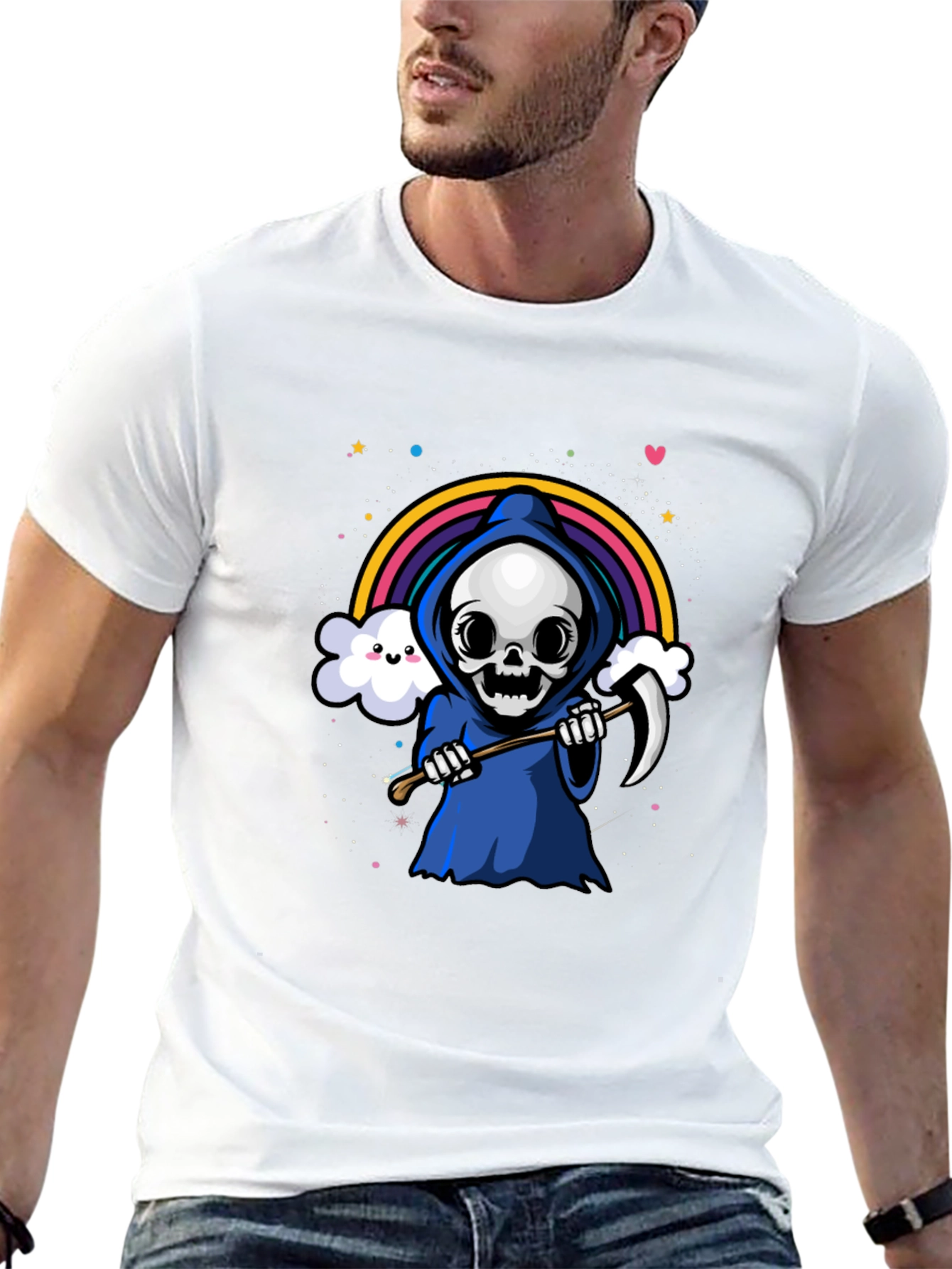 Black Kawaii Grim Reaper Rainbow T-Shirt view 13