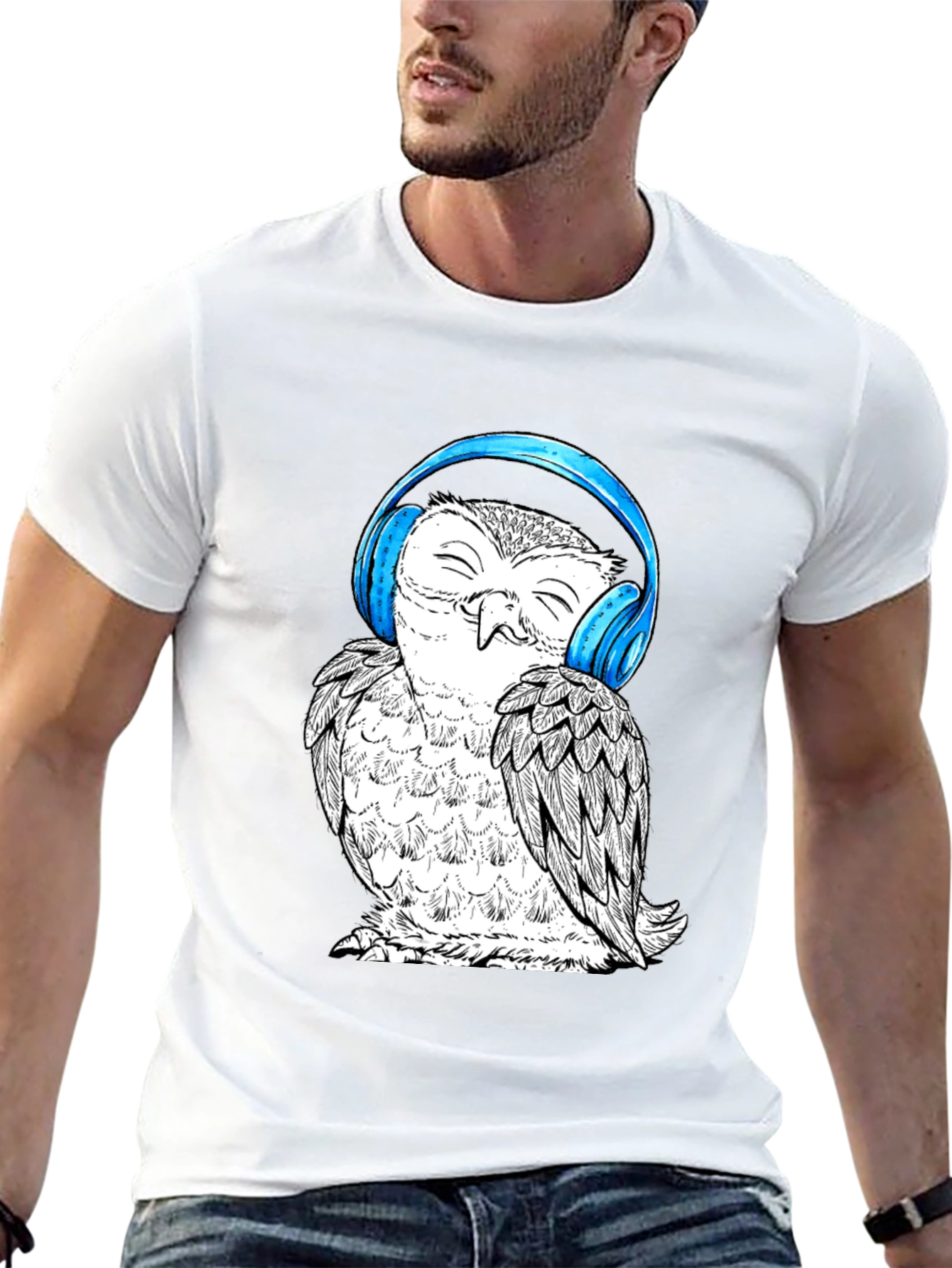 Black Owl with Headphones Graphic Tee - Black Cotton T-Shirt view 13