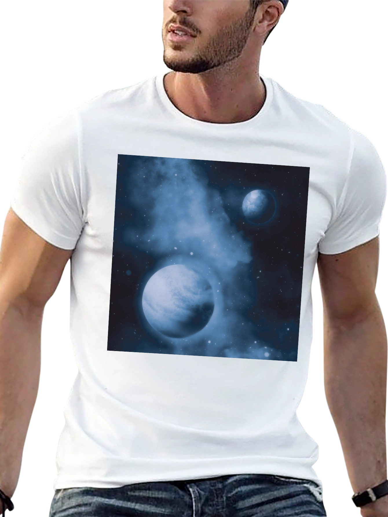 Black Nebula Planets Graphic Tee - Cosmic Black Cotton T-Shirt view 13