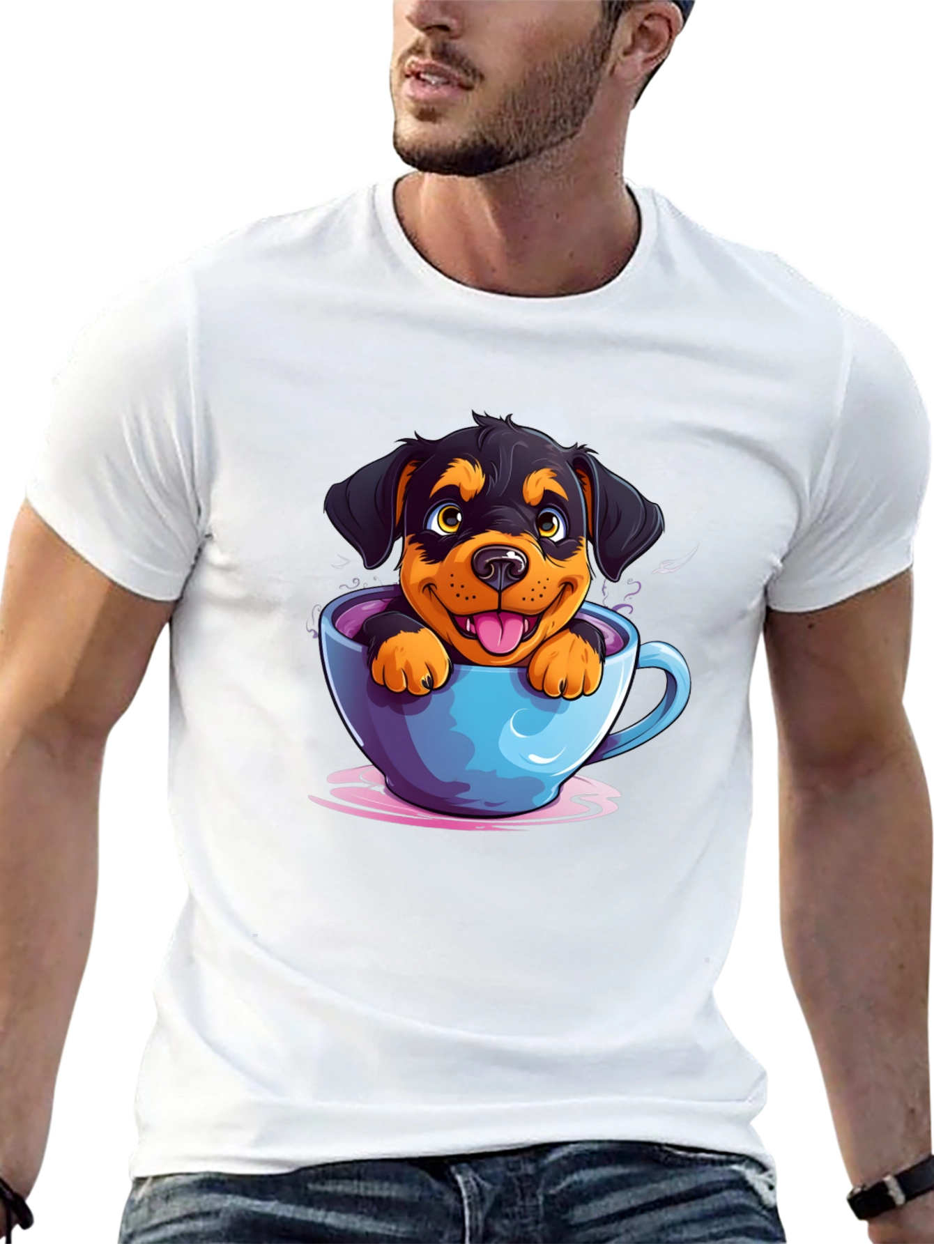 Black Cute Dog in Cup T-Shirt - Cartoon Rottweiler view 13