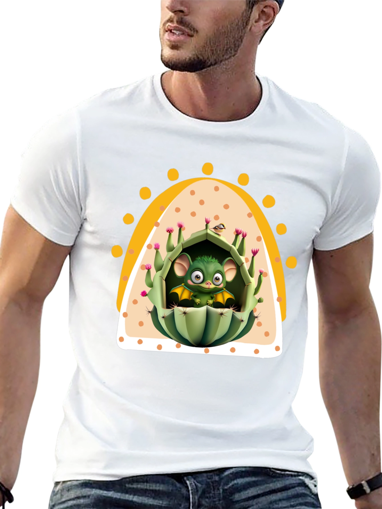 Black Cute Cactus Bat T-Shirt - Unique Graphic Tee view 13
