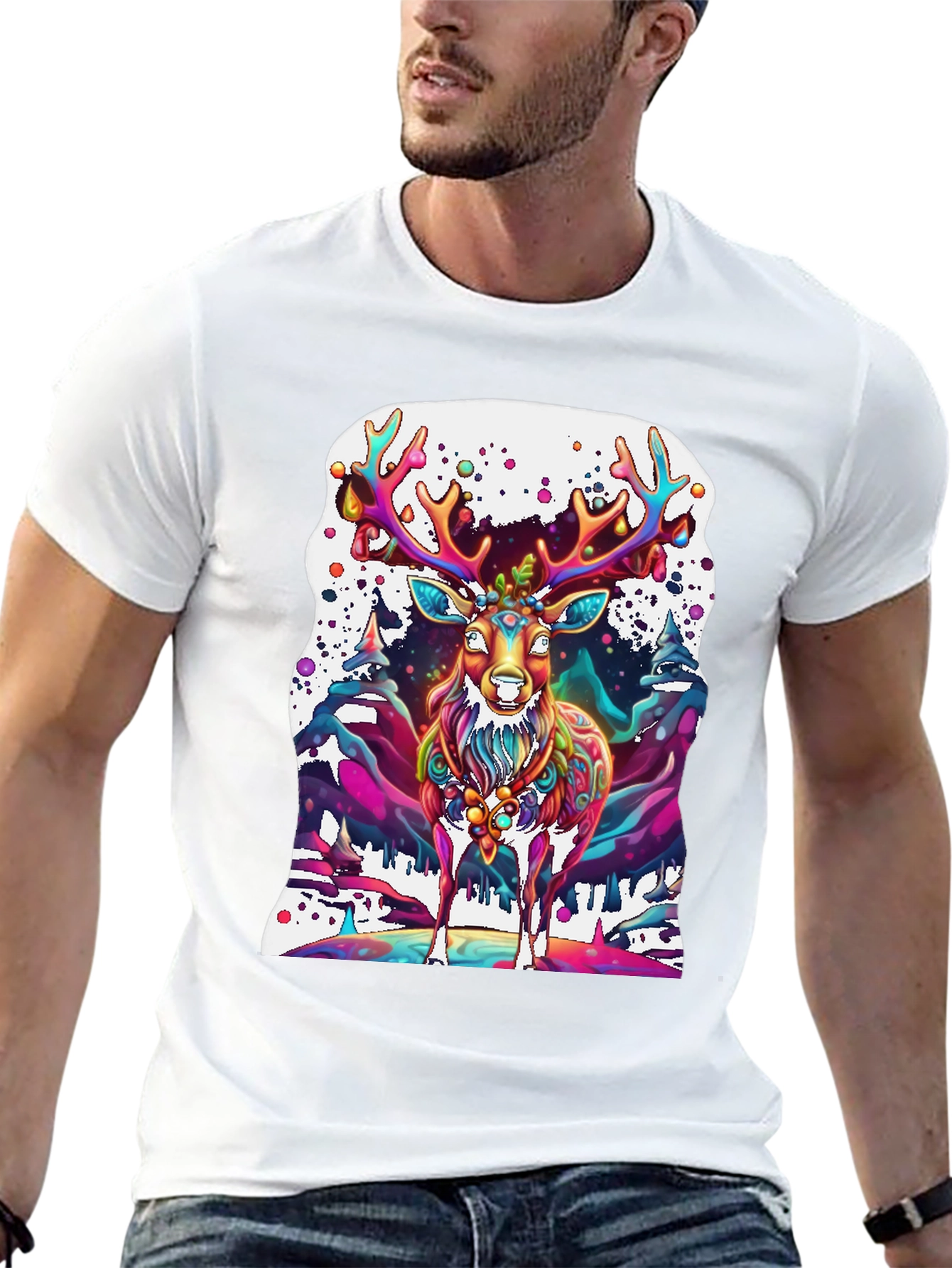 Black Psychedelic Deer Graphic Tee - Vivid Colorful Print view 13