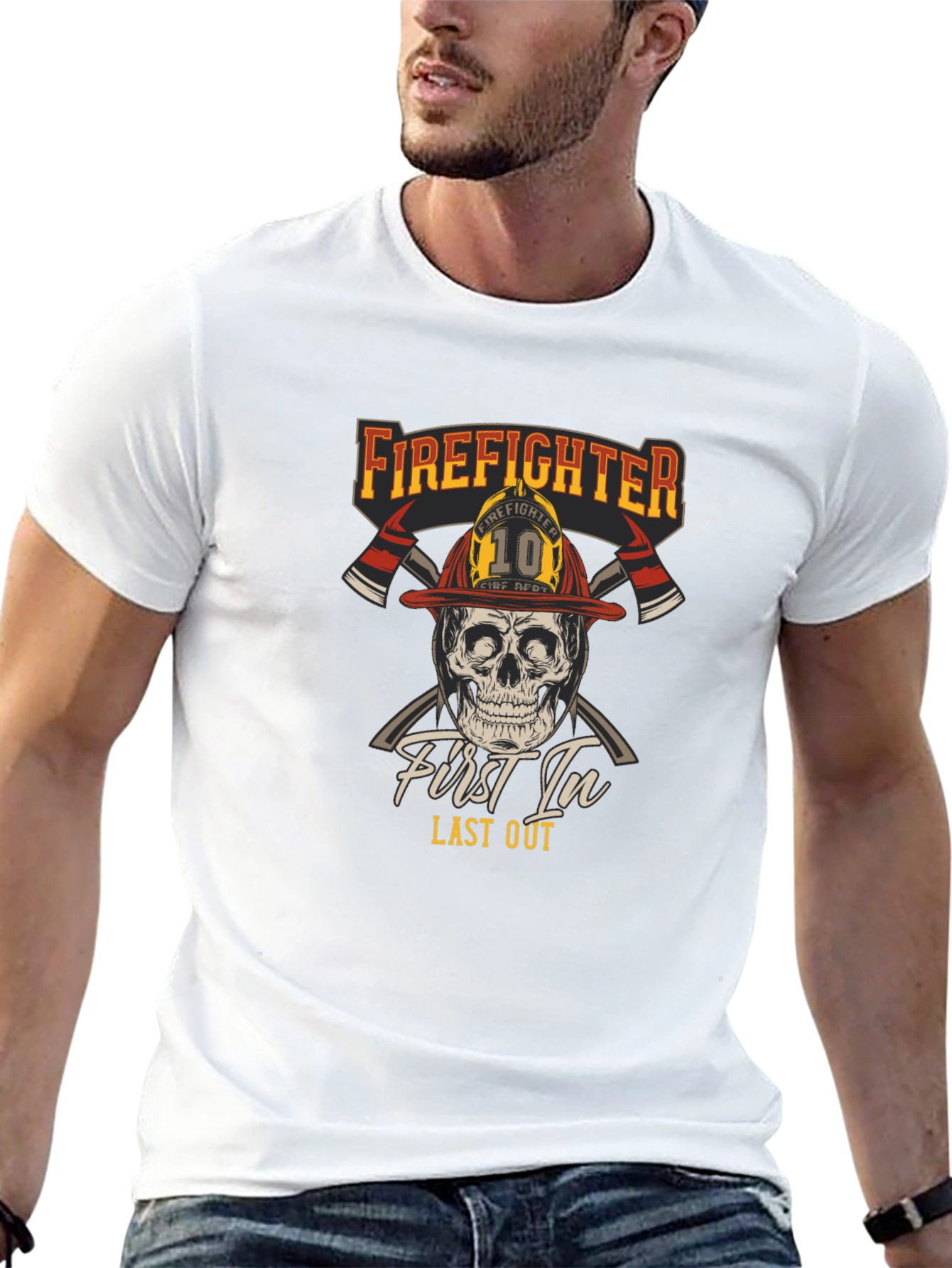 Black Firefighter Skull T-Shirt - First In Last Out Graphic Tee view 13