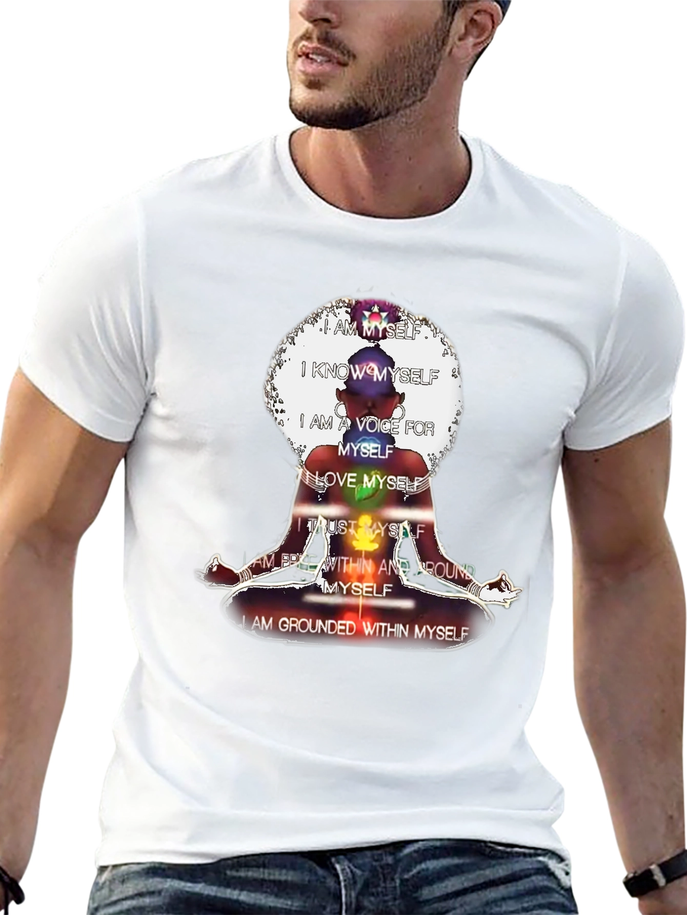 Black Affirmation T-Shirt - Chakra Meditation Design view 13