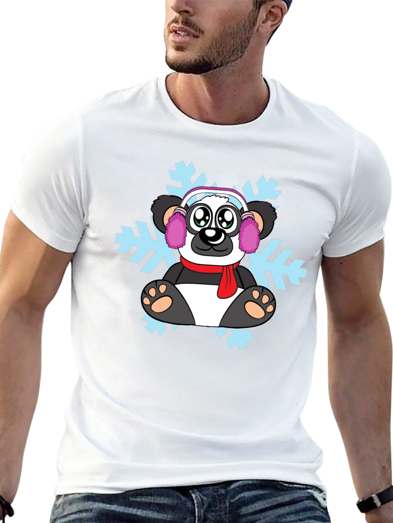 Black Cute Winter Panda T-Shirt - Snowflake Design view 13