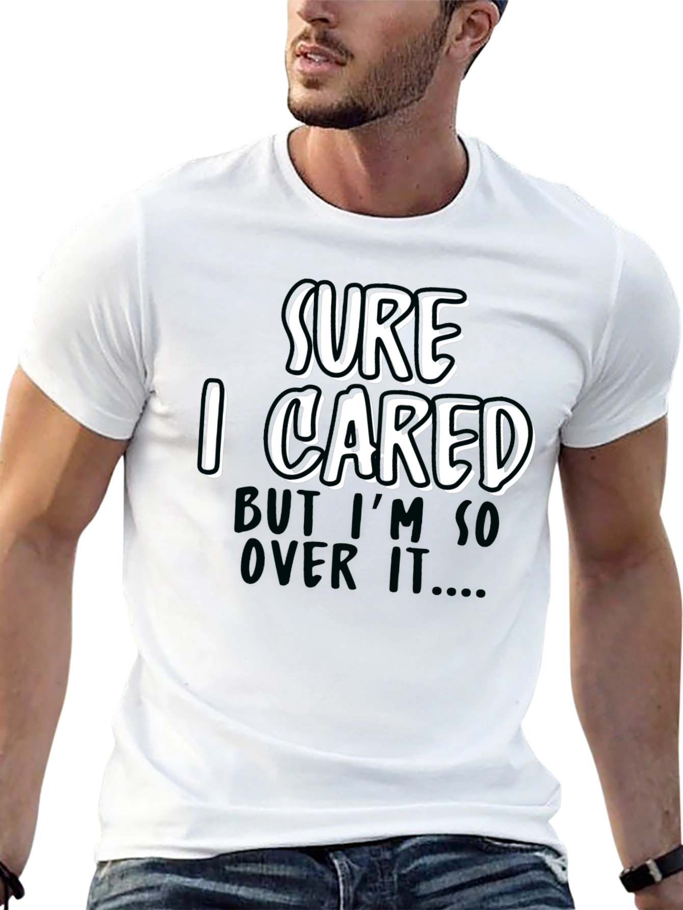 Black Funny Sarcastic 'Sure I Cared' Graphic Tee view 13
