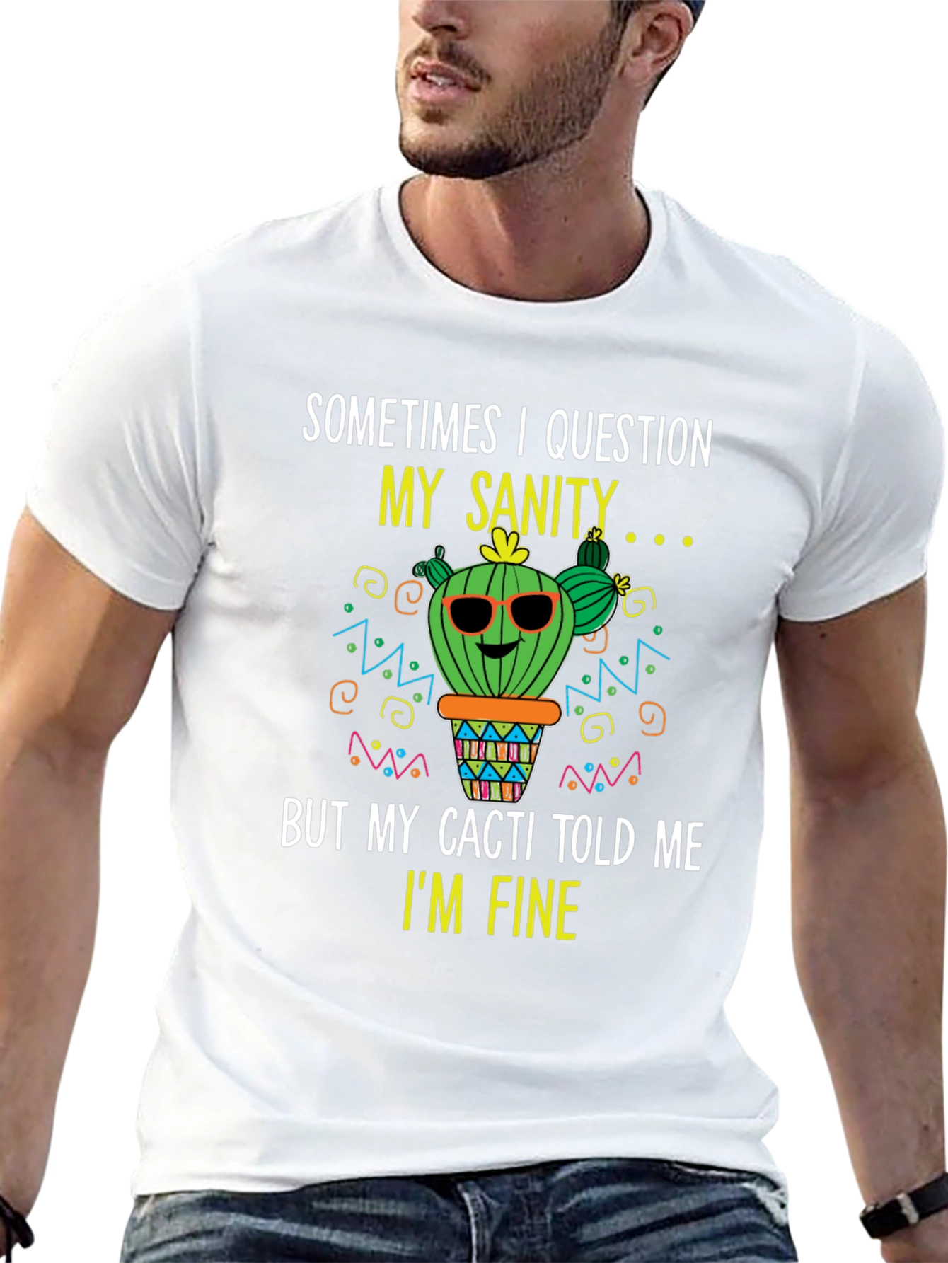 Black Funny Cactus T-Shirt: Question My Sanity view 13