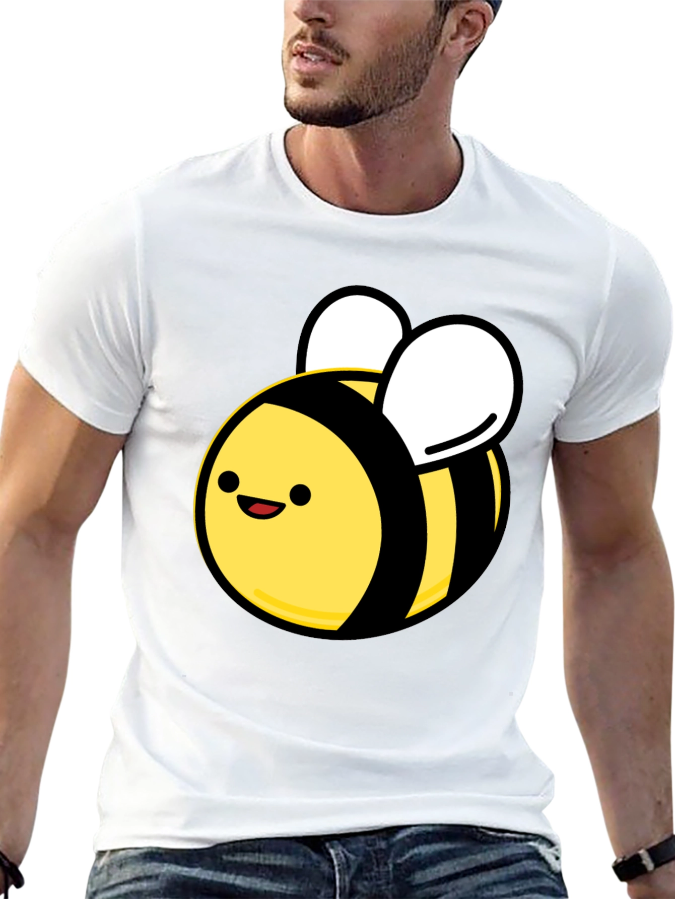 Black Cute Cartoon Bee Black T-Shirt - Unisex Crew Neck view 13