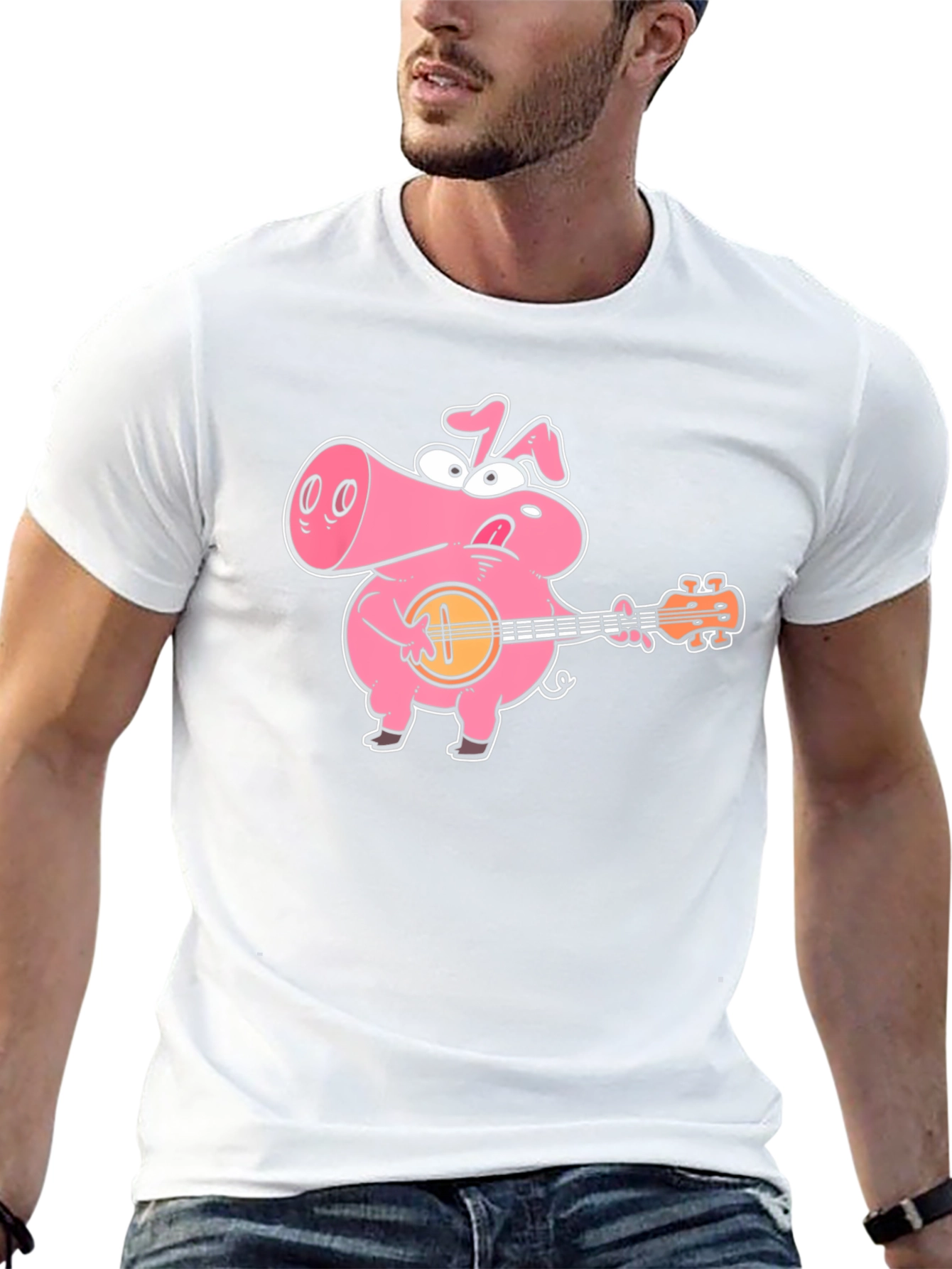 Black Pig Playing Banjo Graphic T-Shirt - Black Cotton Tee view 13