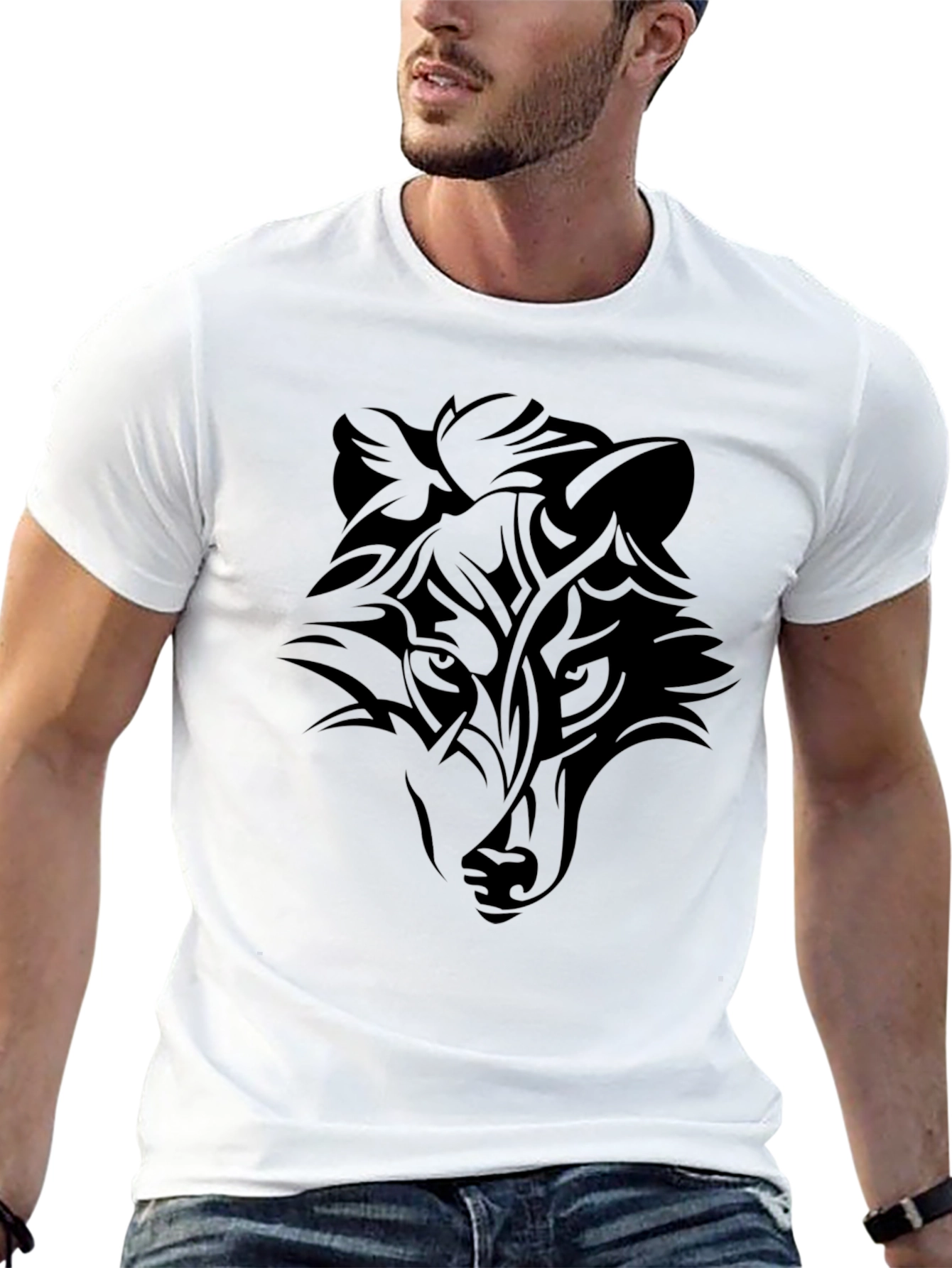 Black Men's Black Wolf Graphic Tee - Tribal Style view 13