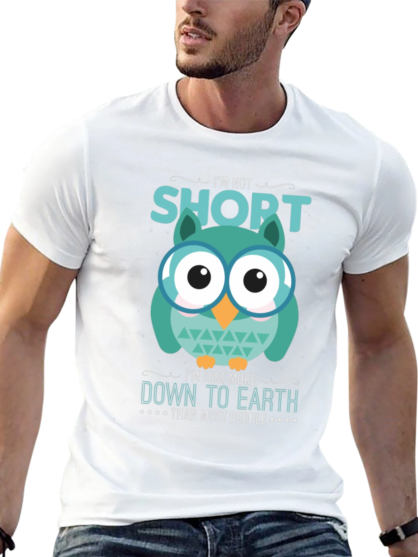 Black Funny Owl T-Shirt: I'm Not Short, Down to Earth view 13