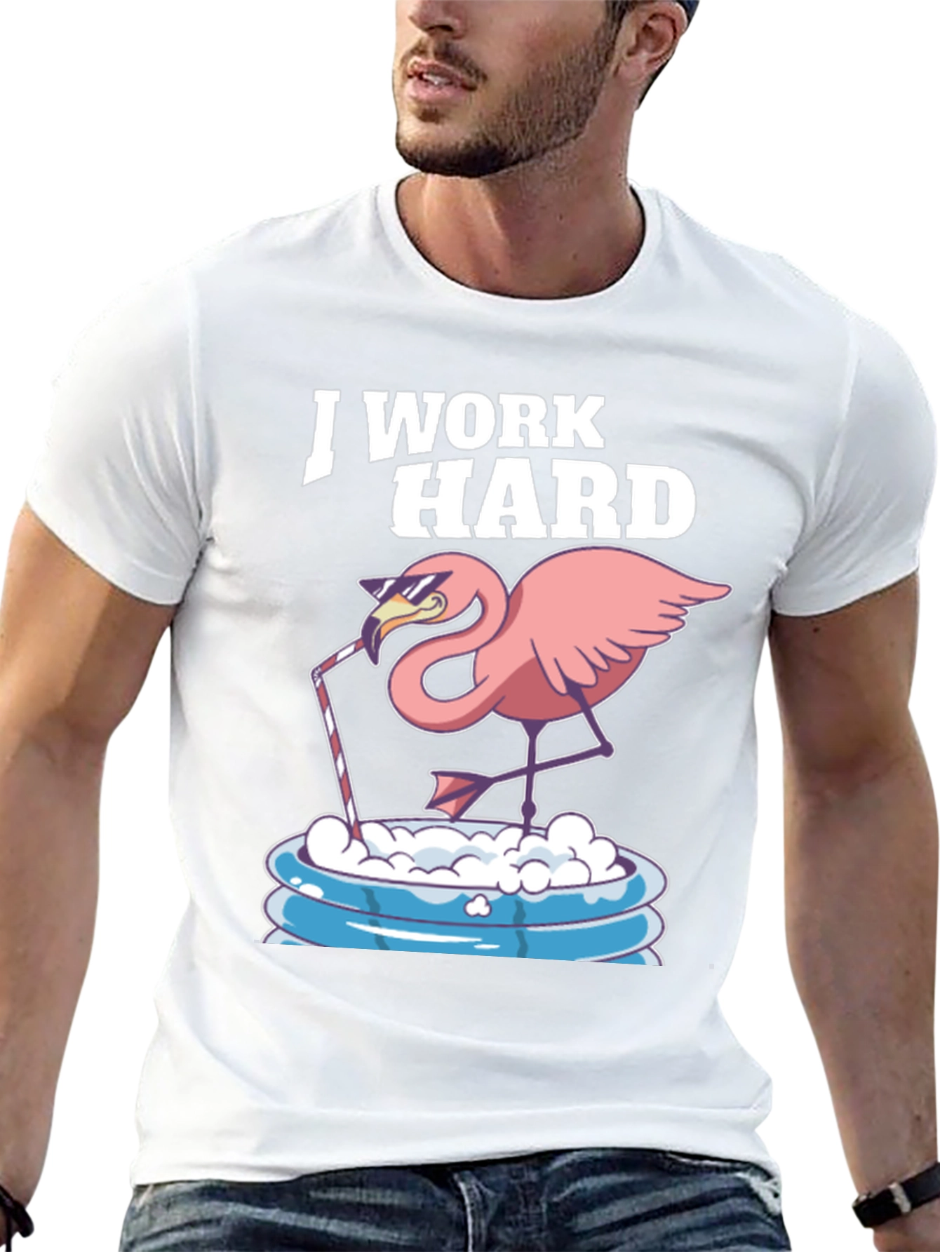 Black I Work Hard Flamingo T-Shirt - Relaxed Poolside Style view 13