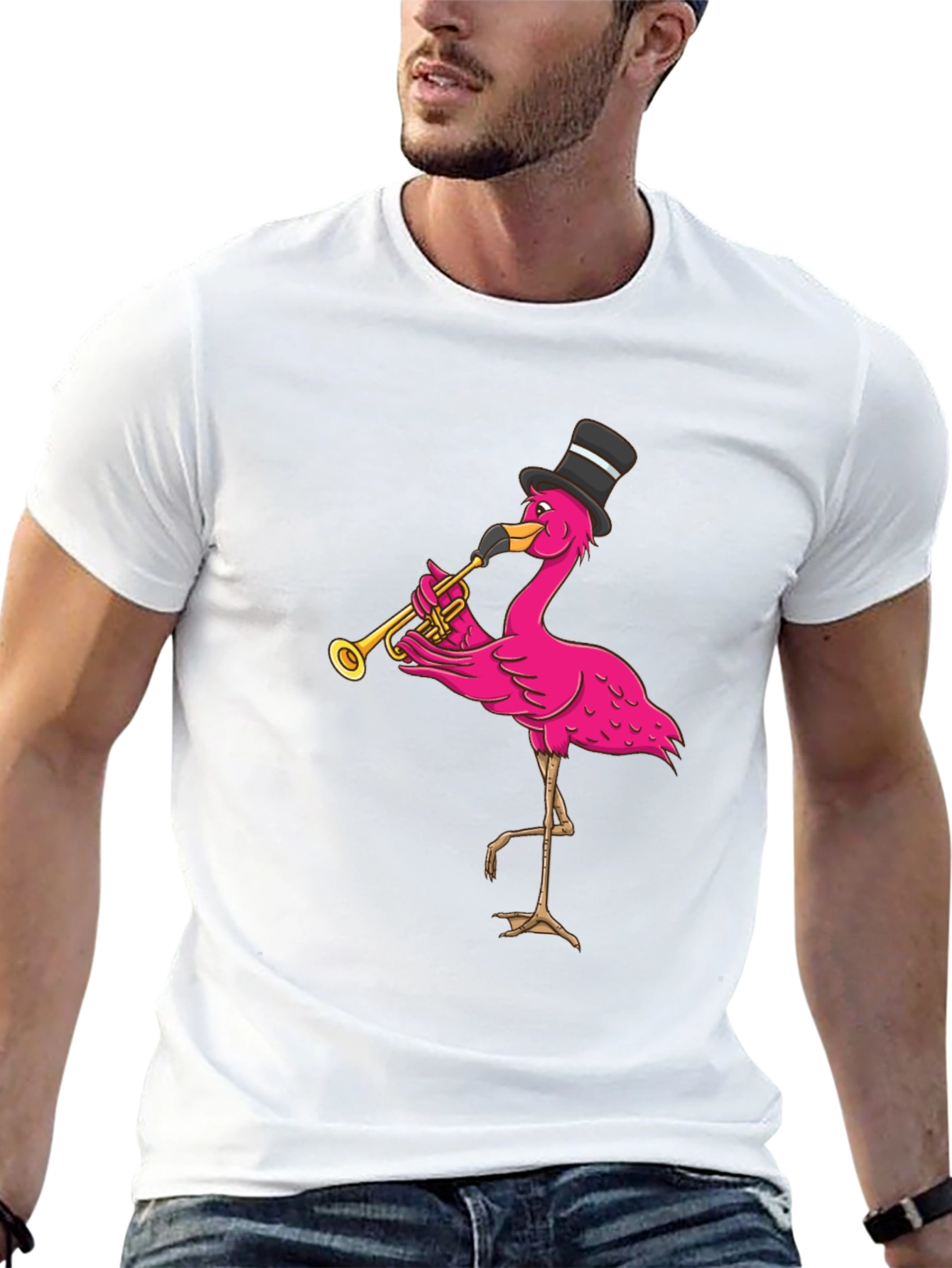 Black Flamingo Trumpet Player T-Shirt - Novelty Graphic Tee view 13