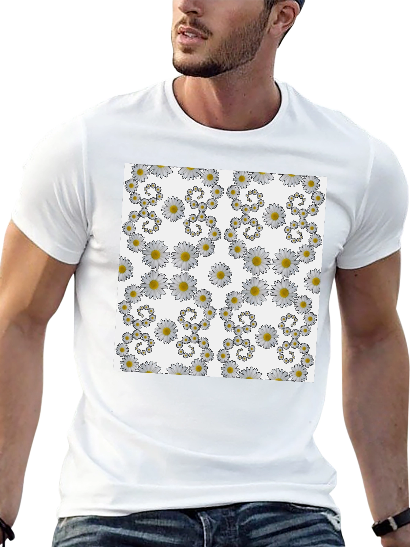 Black Daisy Pattern Black T-Shirt view 13