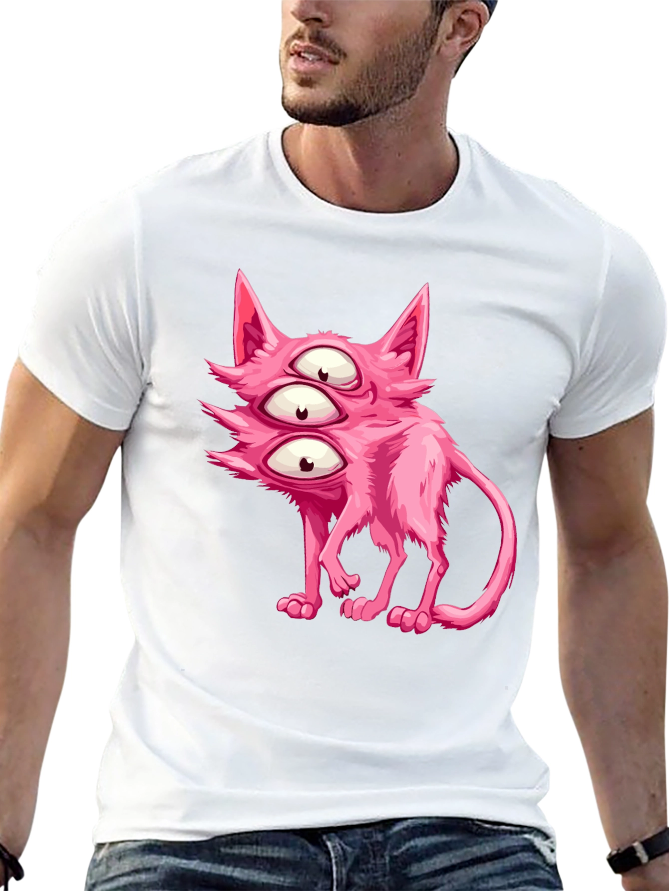 Black Three-Eyed Pink Monster Cat Graphic Tee view 13