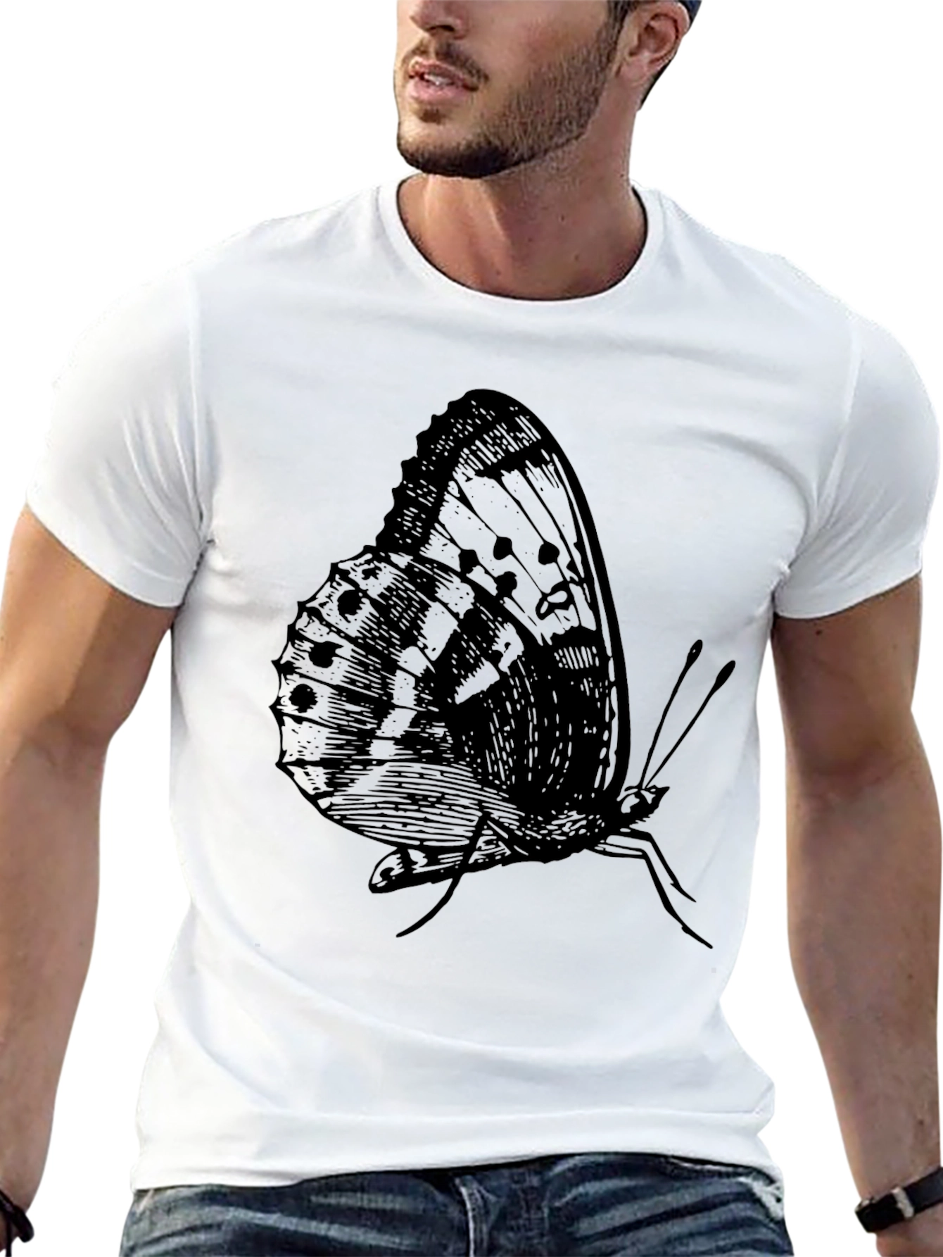 Black Butterfly Graphic Print Black T-Shirt for Men view 13