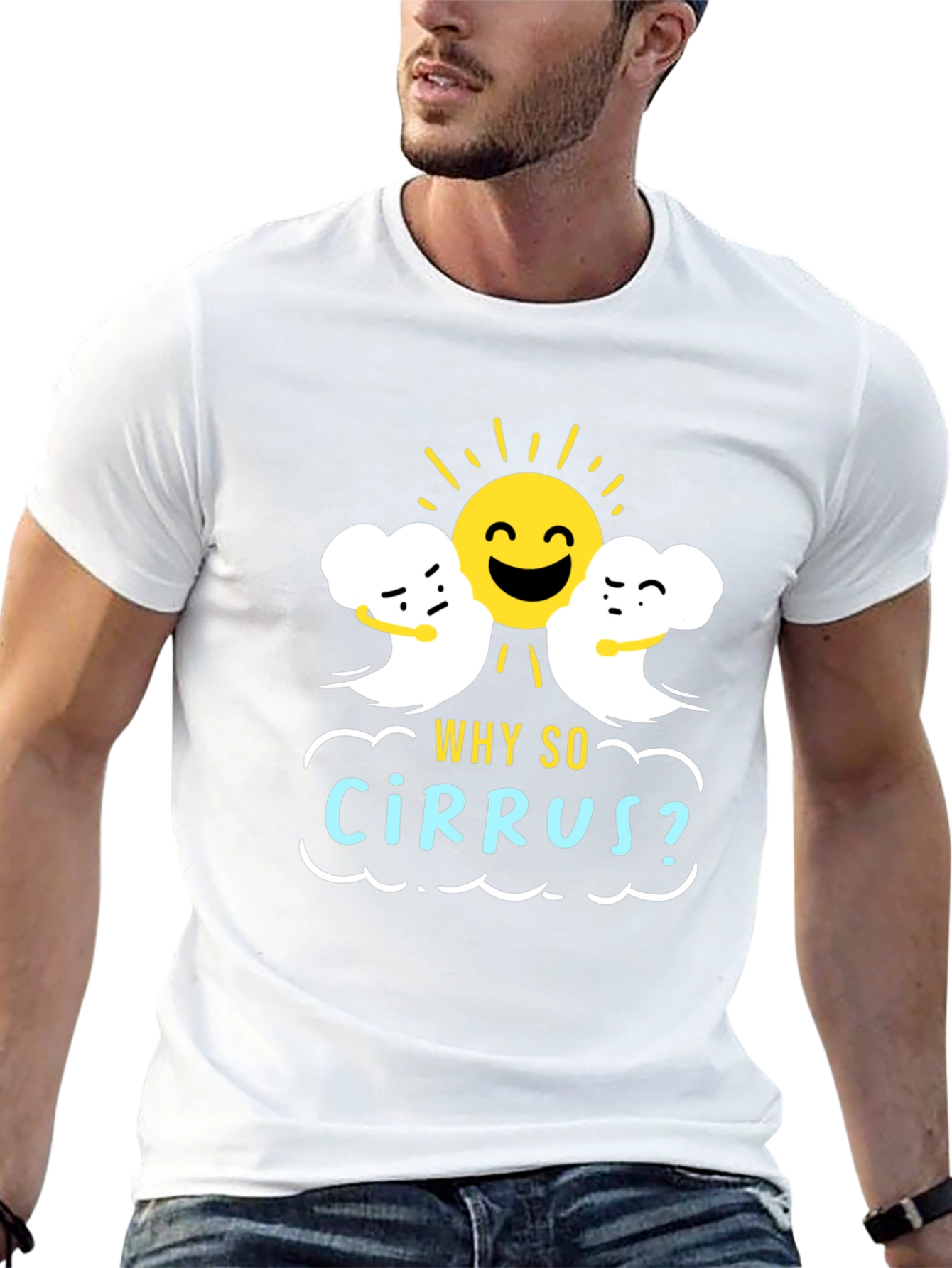 Black Humorous Weather T-Shirt: "Why So Cirrus?" Design view 13