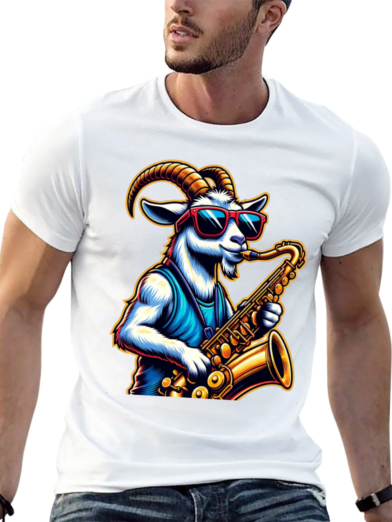 Black Cool Goat Saxophone Player Graphic Tee view 13