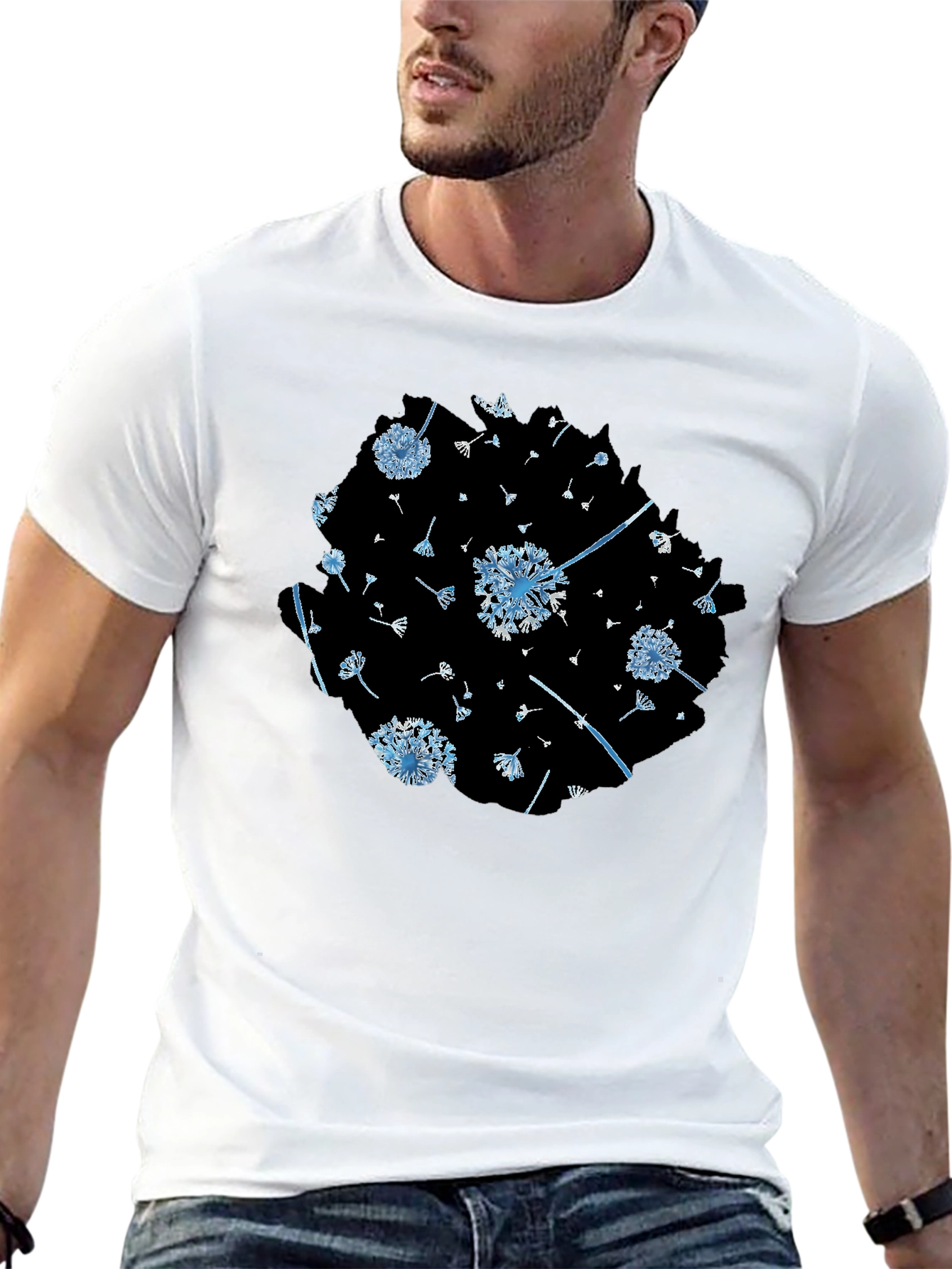 Black Dandelion Print Black Tee - Stylish & Unique Design view 13