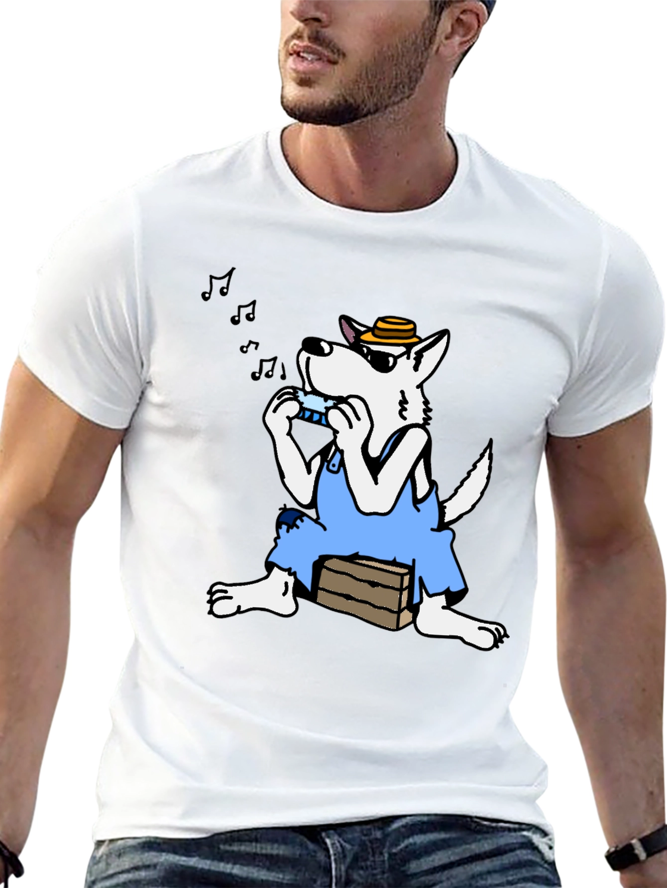 Black Cartoon Wolf Harmonica T-Shirt view 13