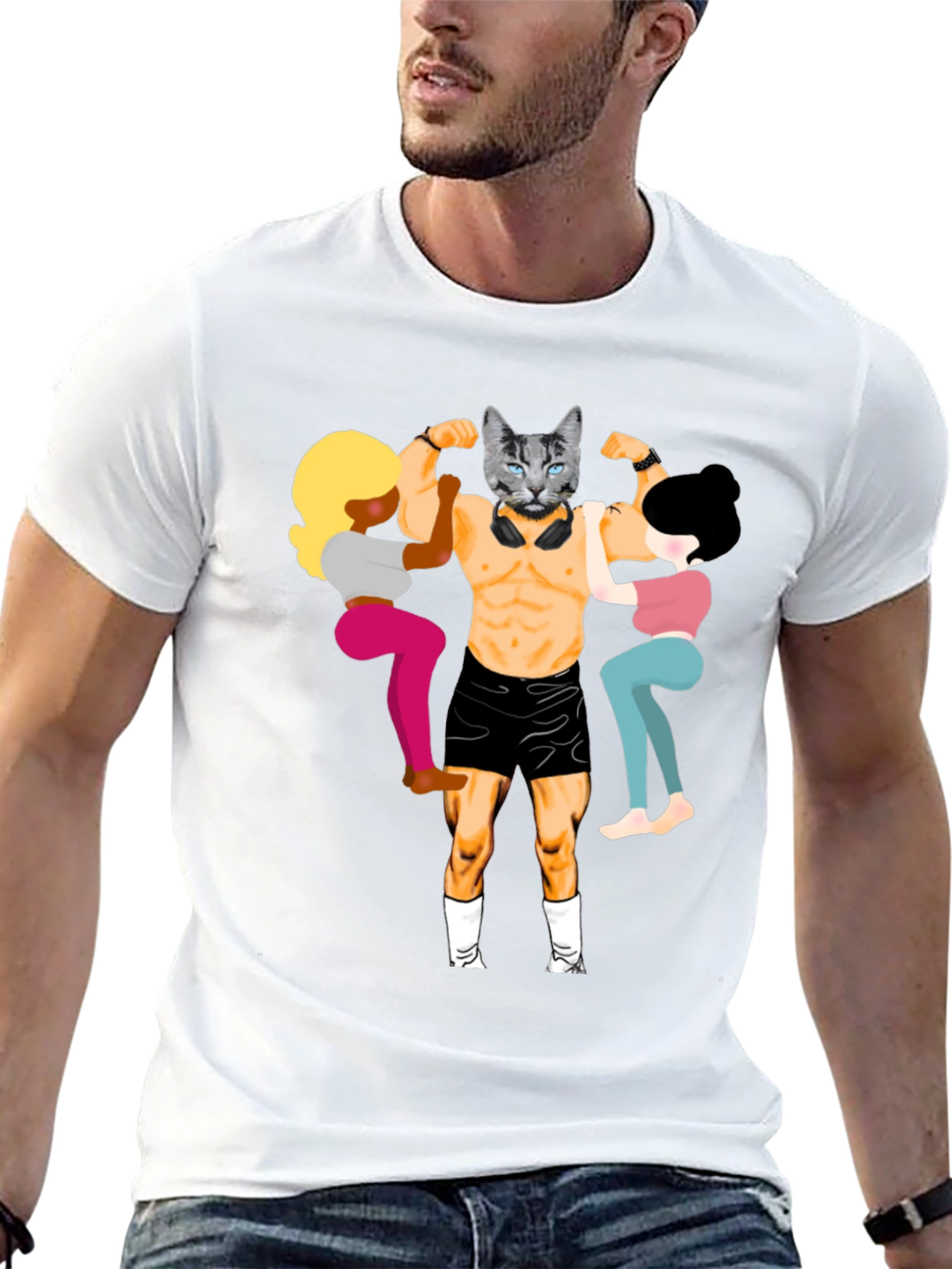 Black Funny Cat Bodybuilder Graphic Tee view 13