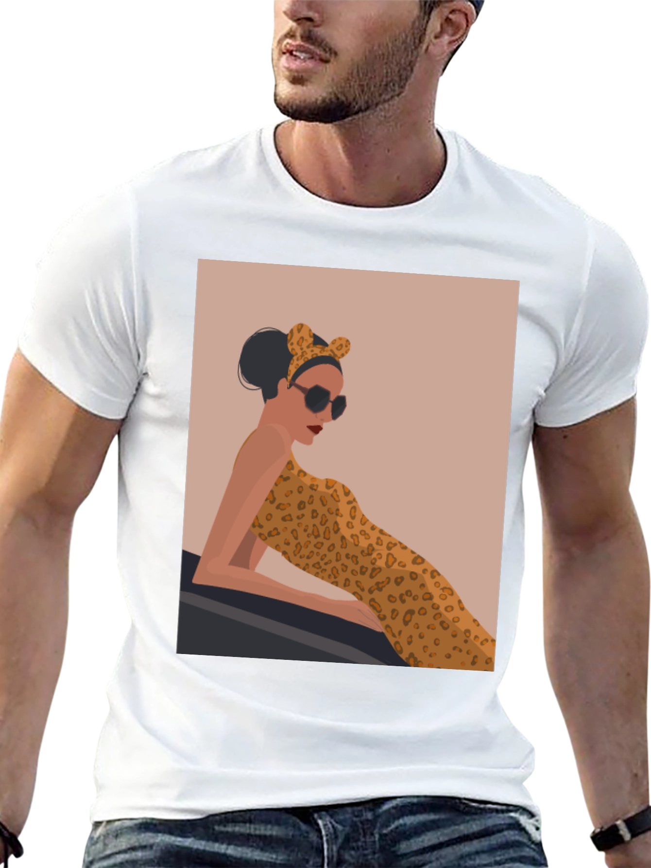 Stylish Black Tee with Leopard Print Woman Graphic - 13