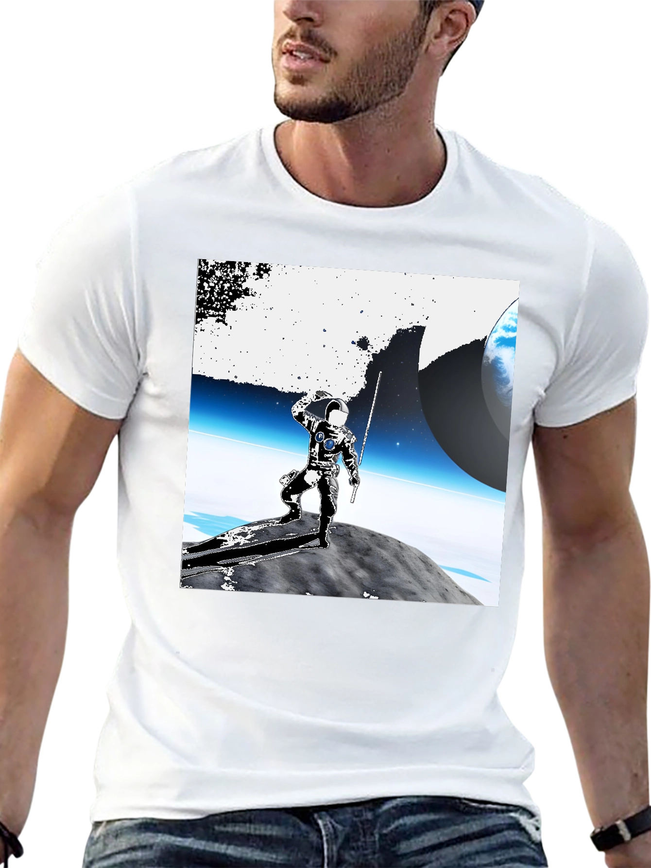 Black Astronaut on Moon Graphic Tee - Black Cotton view 13