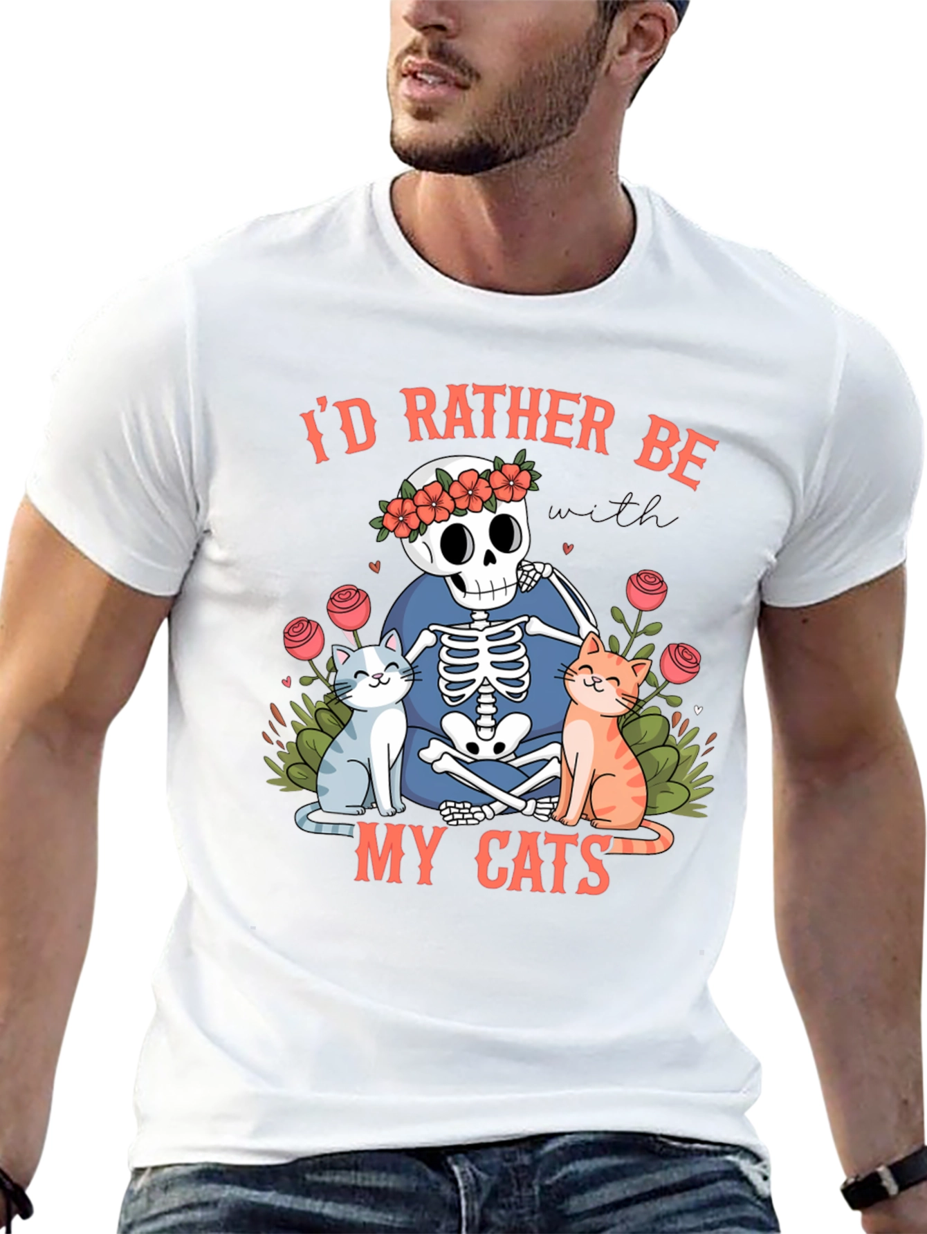 Black Skeleton & Cats Graphic Tee - "I'd Rather Be With My Cats" view 13