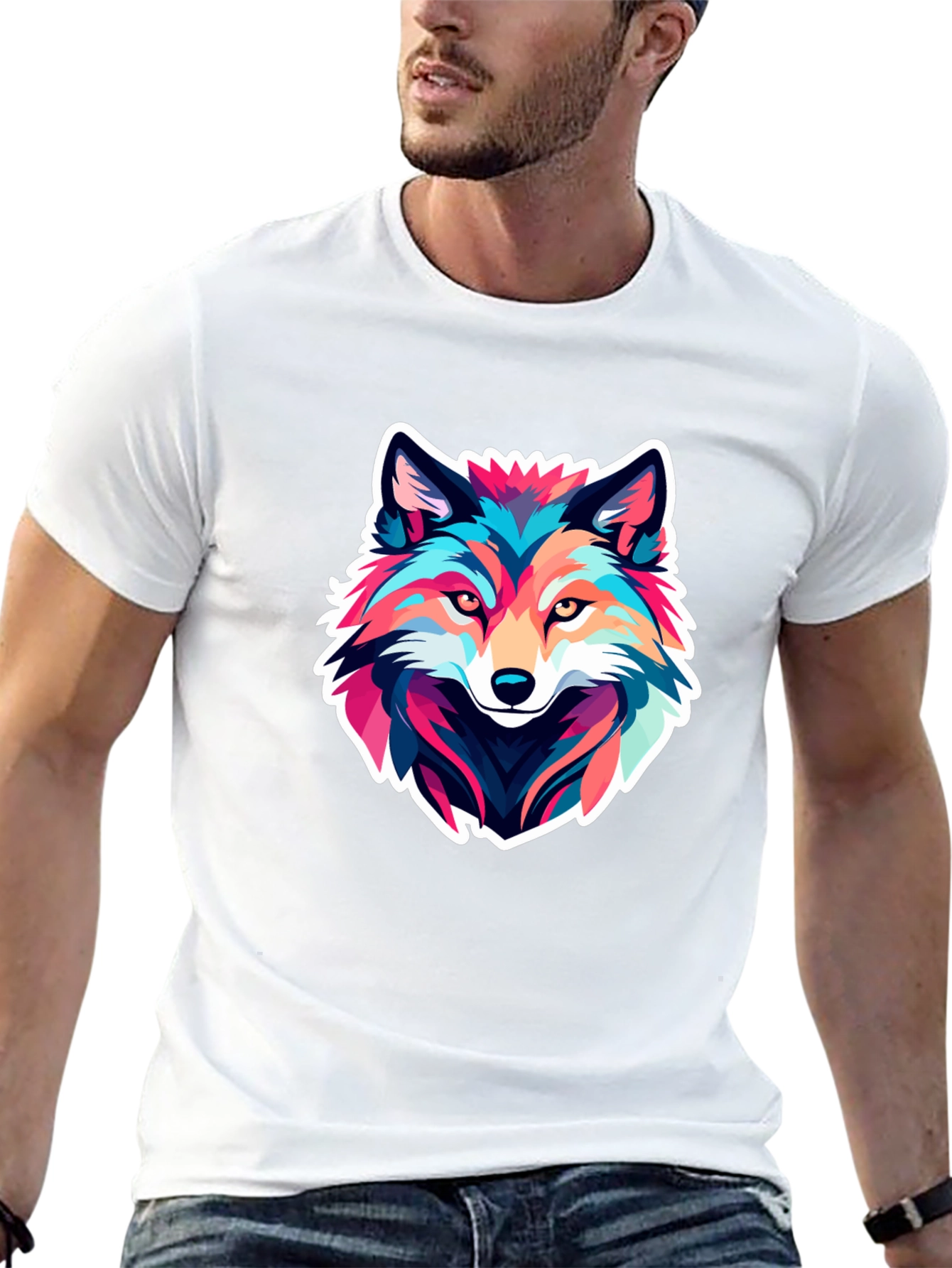 Black Colorful Wolf Graphic Black T-Shirt view 13