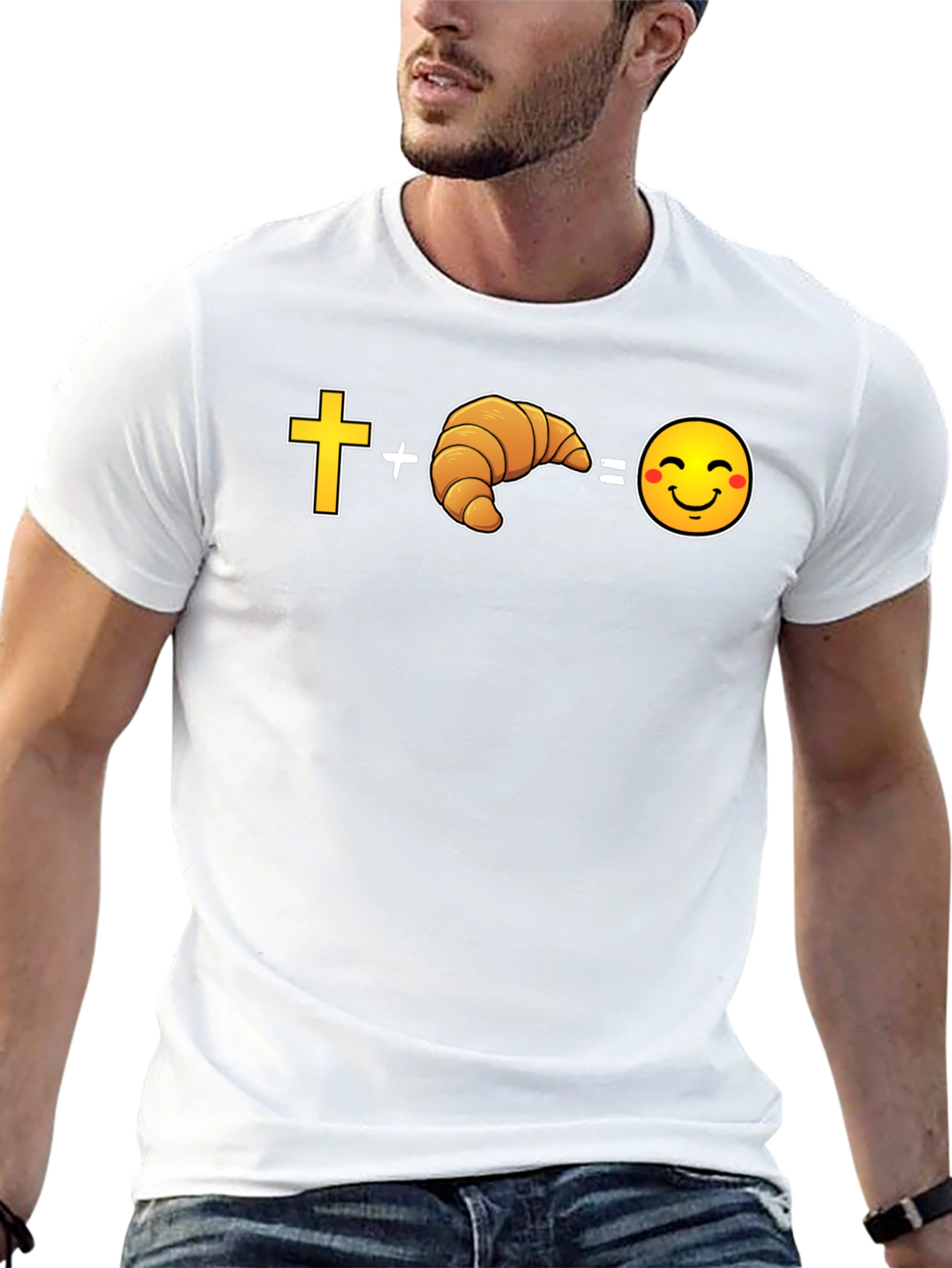 Black Cross Plus Croissant Equals Happy Face Graphic Tee view 13