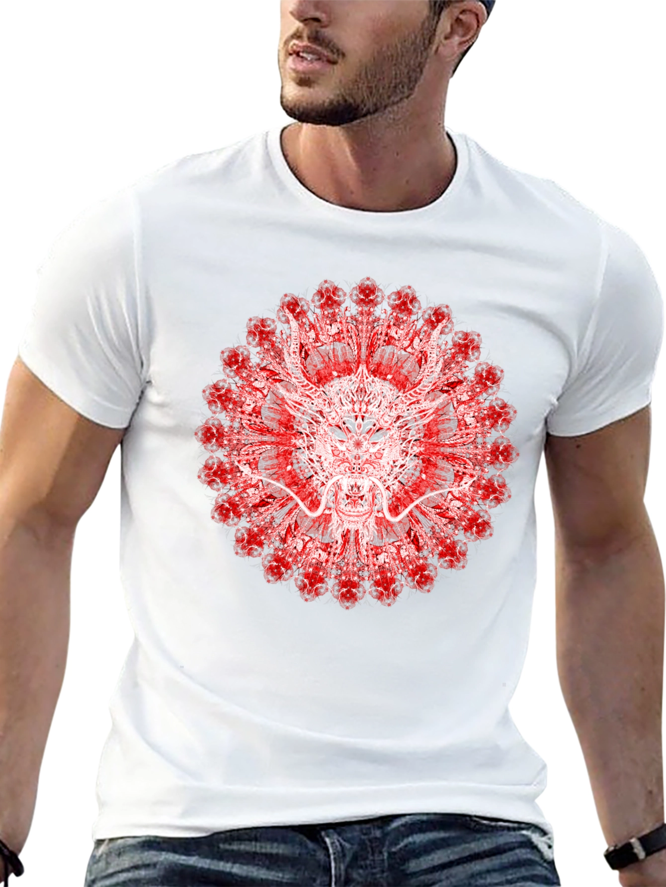 Black Dragon Mandala Graphic Tee - Unique Red & White Design view 13