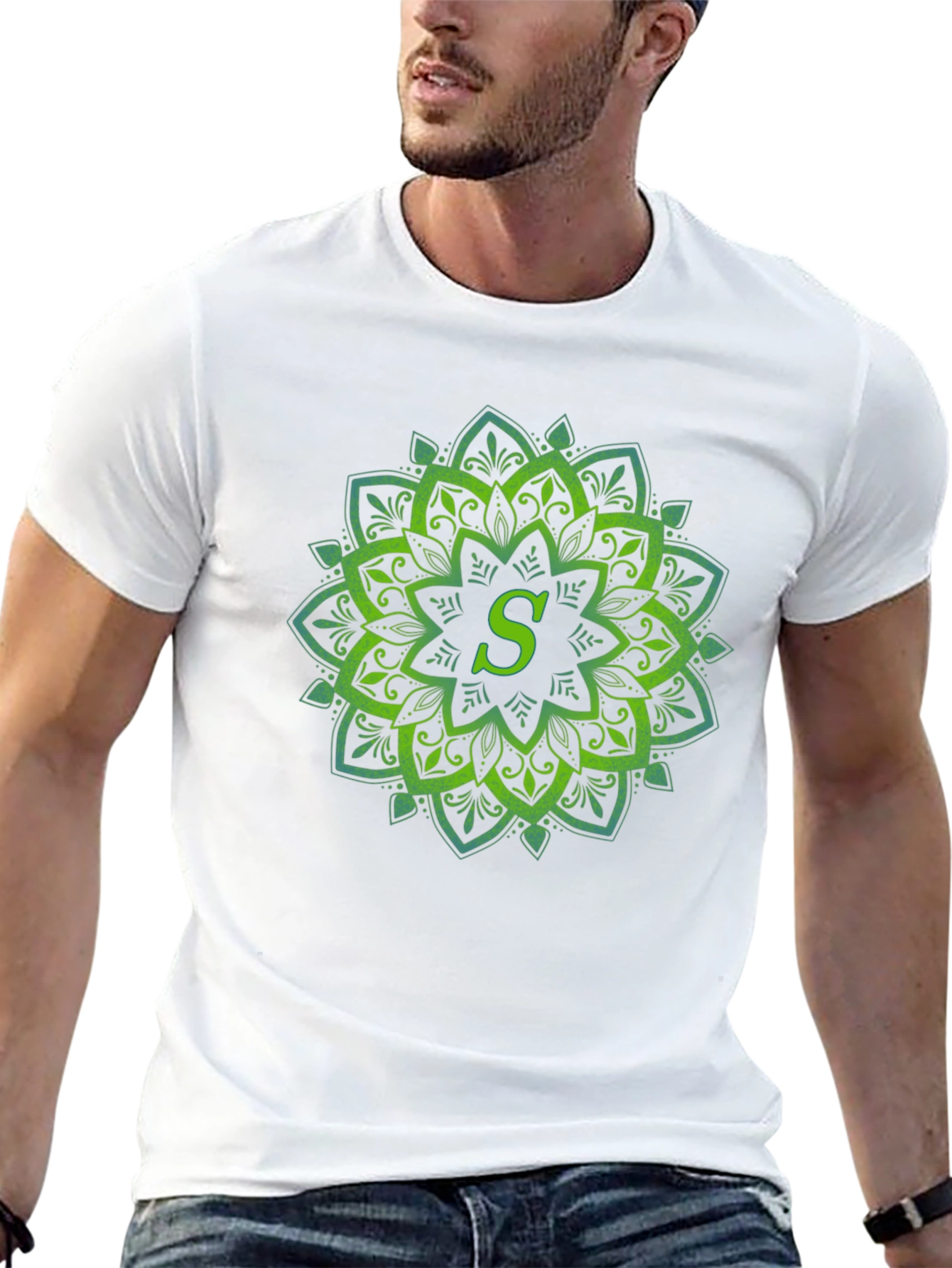 Black Green Mandala Letter S T-Shirt view 13