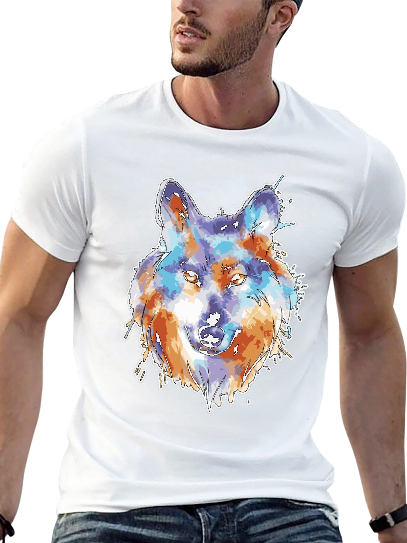Black Wolf Watercolor Graphic Print Black T-Shirt view 13