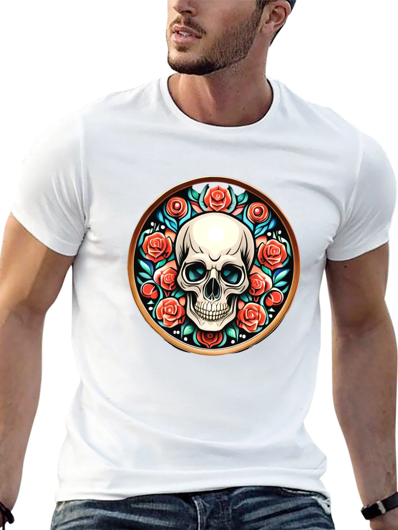 Black Skull & Roses Graphic Tee - Unique Round Design view 13
