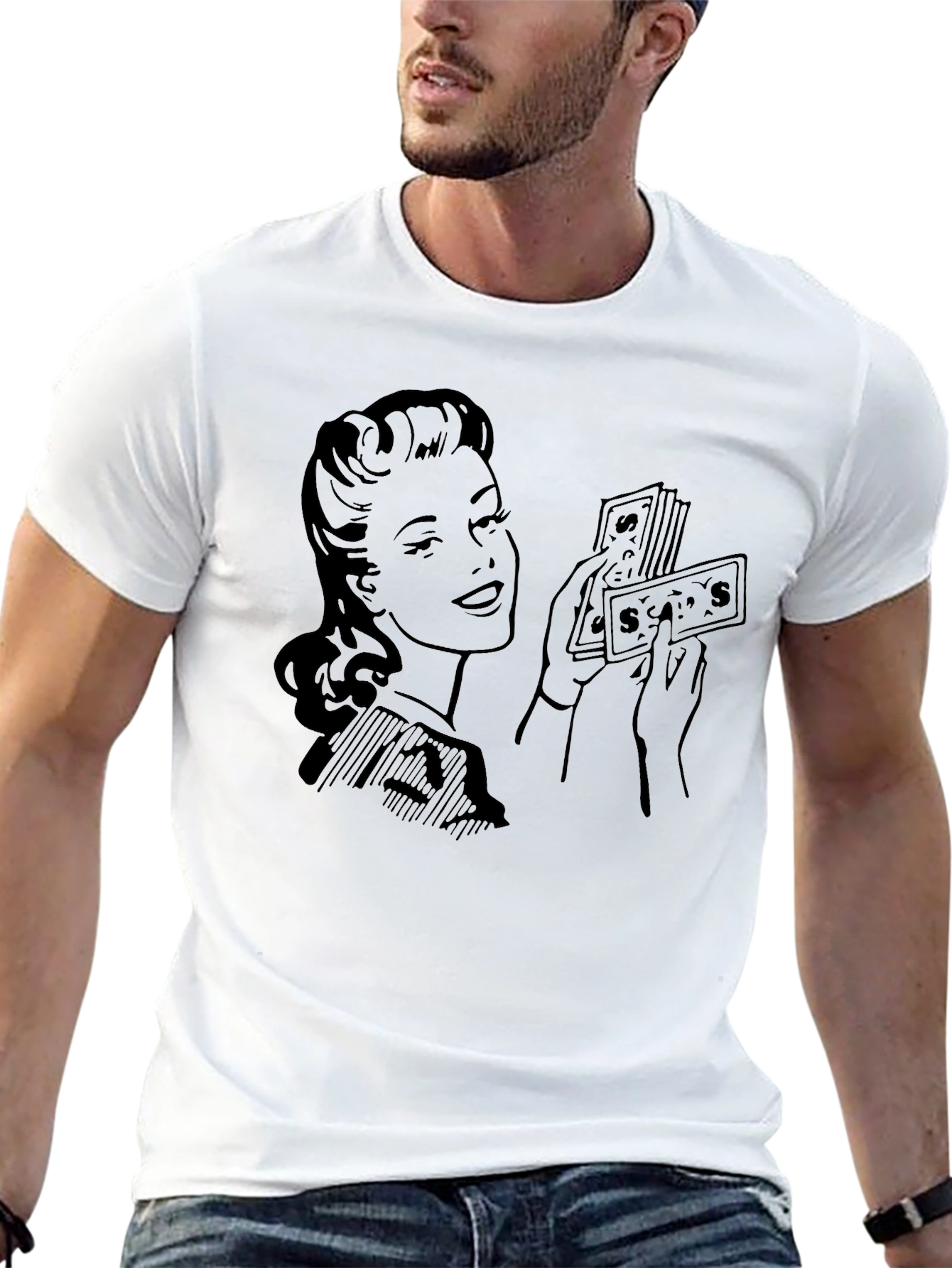 Black Retro Woman with Money Graphic Tee view 13