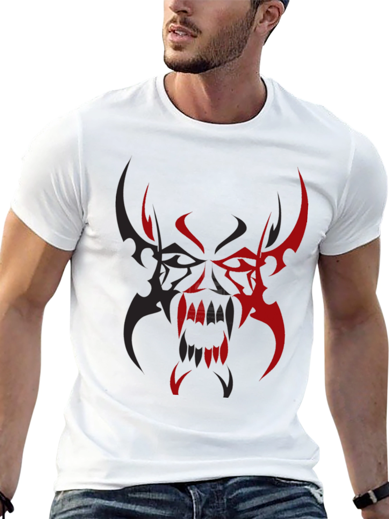 Black Men's Black T-Shirt with Red/Black Tribal Demon Design view 13