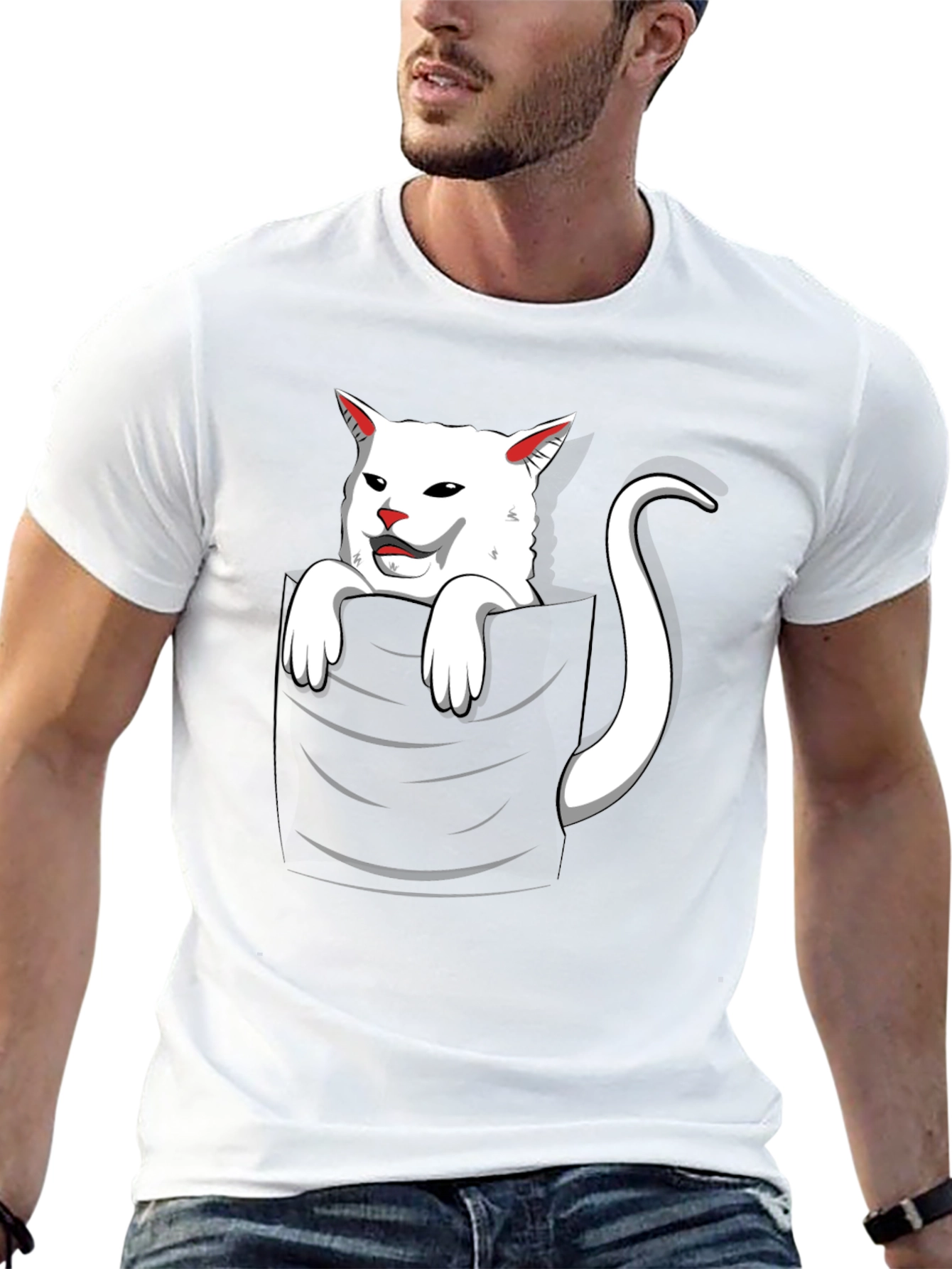 Black Cat Pocket T-Shirt - Funny White Cat Design view 13