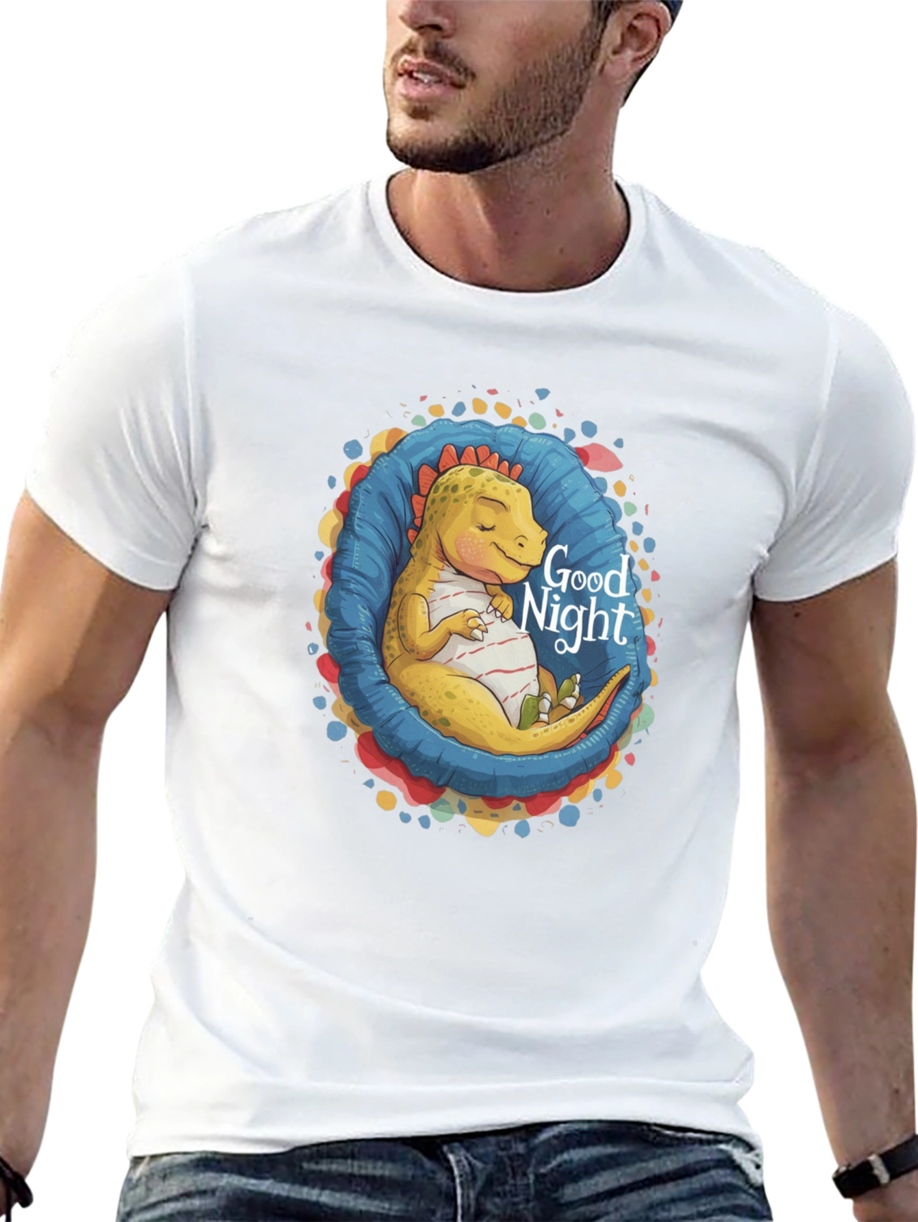 Black Cute Sleeping Dinosaur 'Good Night' Black T-Shirt view 13